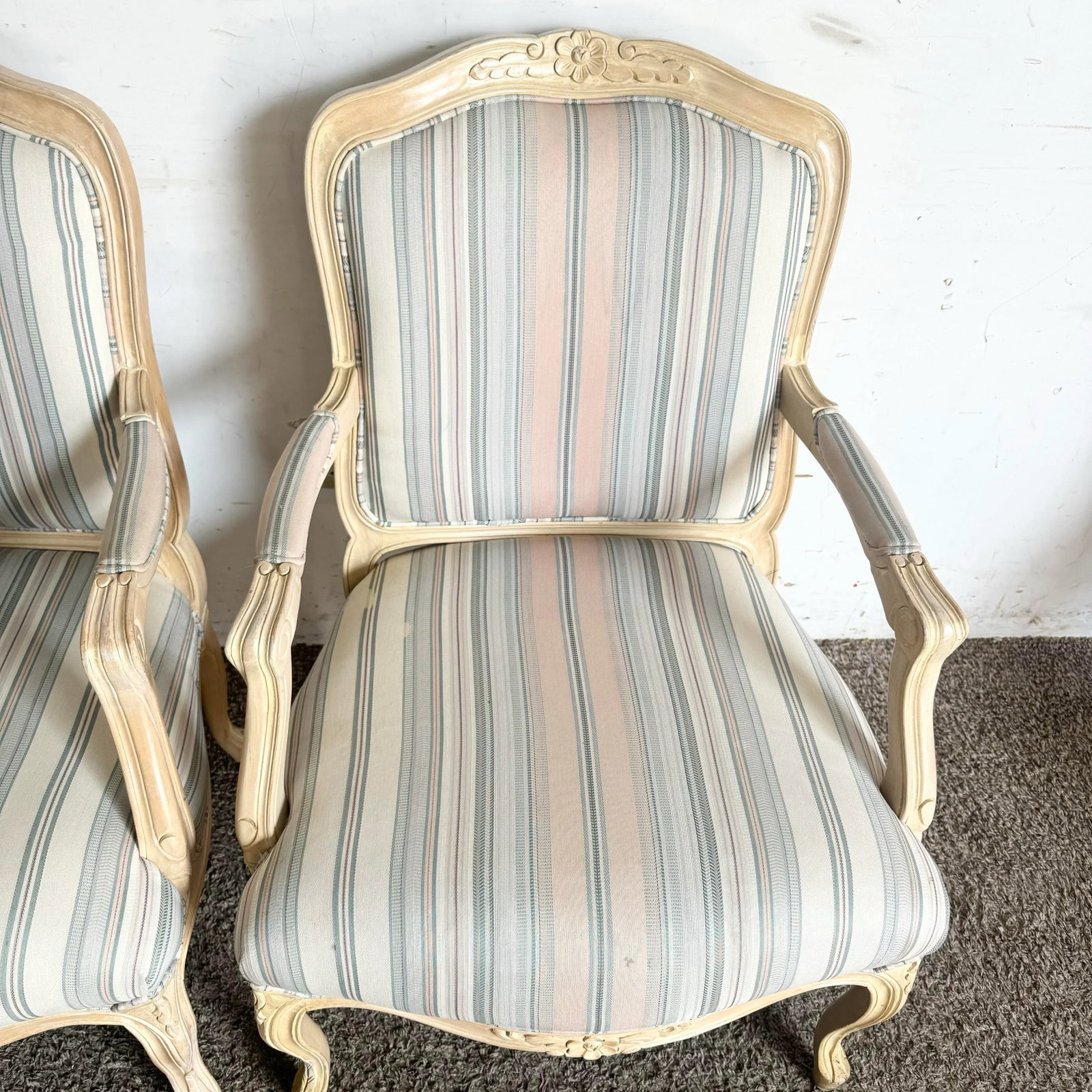 French Provincial Blonde With Blue and Pink Striped Fabric Arm Chairs - a Pair - 3
