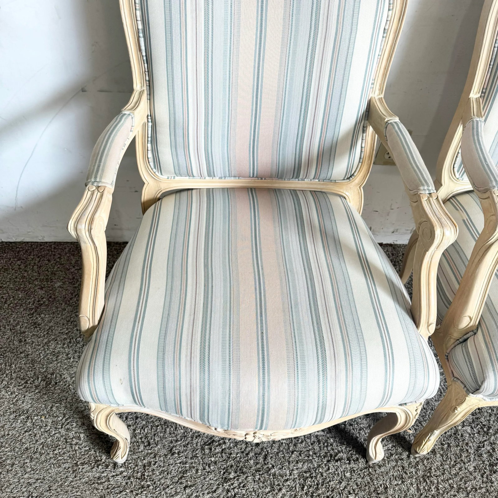 French Provincial Blonde With Blue and Pink Striped Fabric Arm Chairs - a Pair - 4