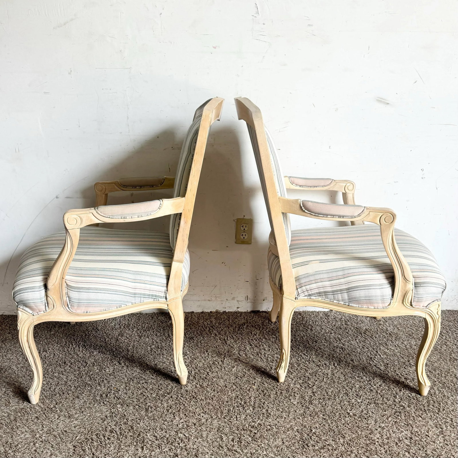 French Provincial Blonde With Blue and Pink Striped Fabric Arm Chairs - a Pair - 5