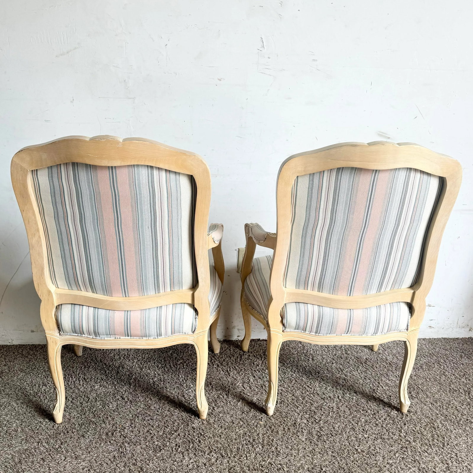French Provincial Blonde With Blue and Pink Striped Fabric Arm Chairs - a Pair - 6