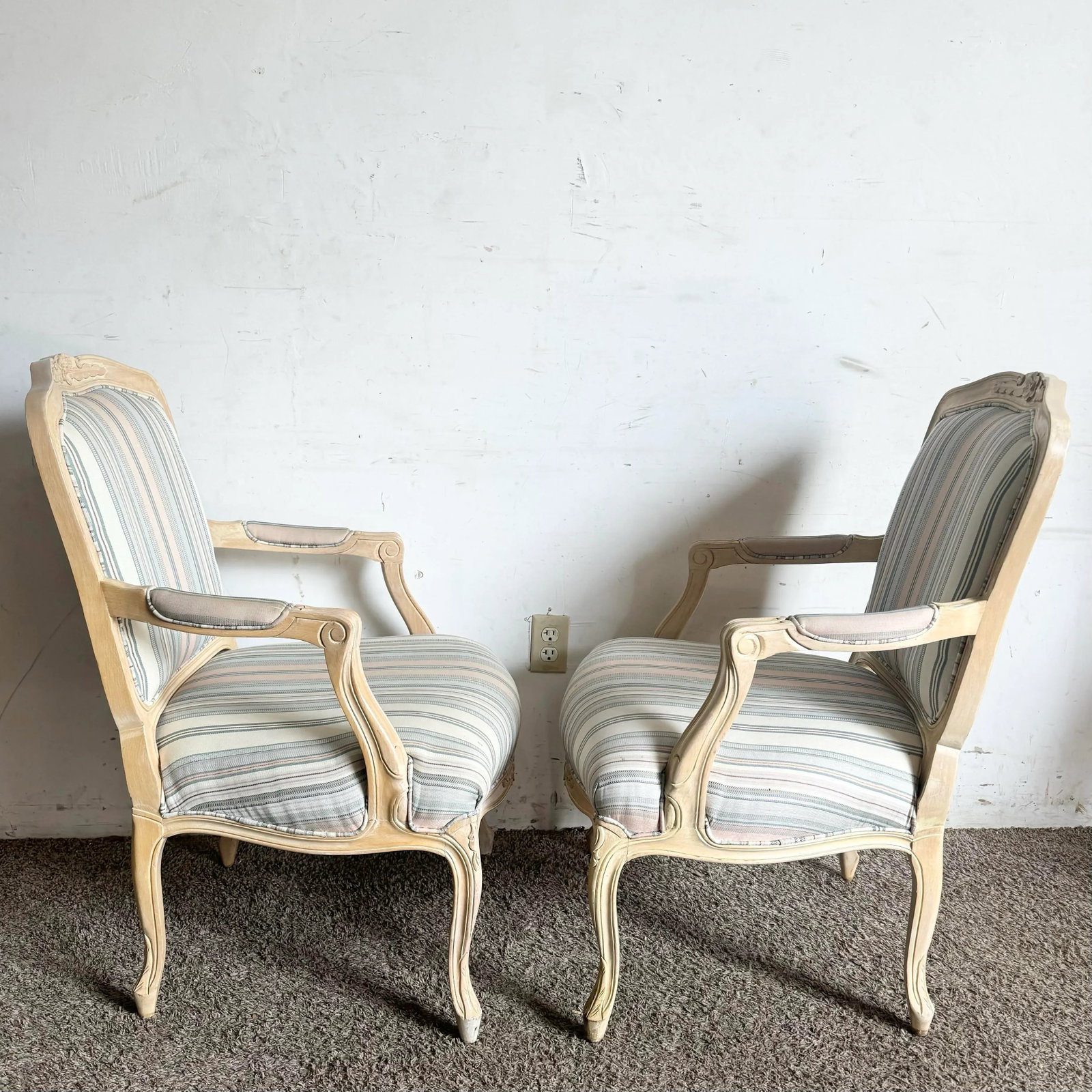 French Provincial Blonde With Blue and Pink Striped Fabric Arm Chairs - a Pair - 8
