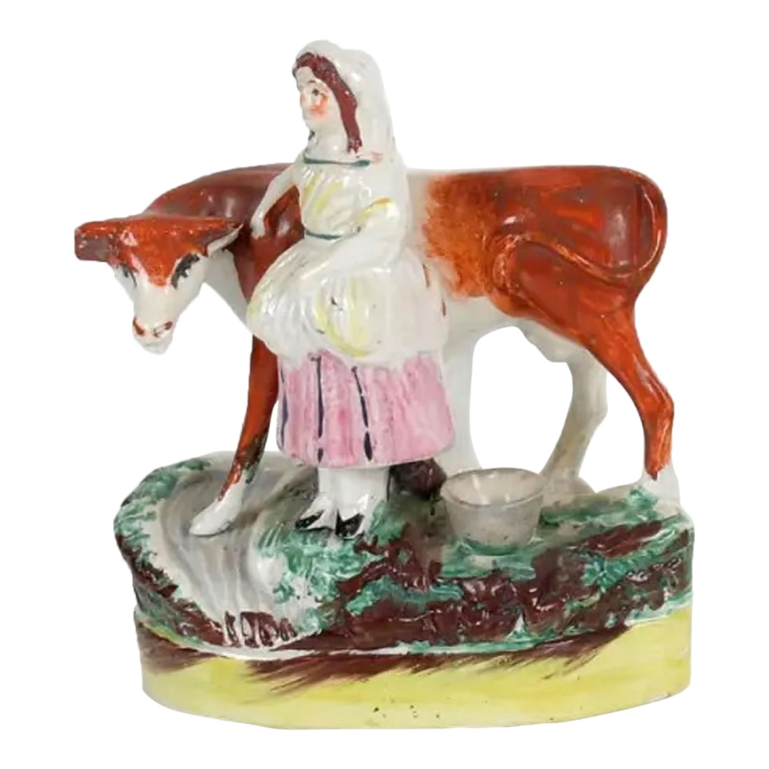 Staffordshire Pottery Cow Figure With Milkmaid: Staffordshire Pottery Figure Group: Cow Crossing a Stream with Milkmaid This charming and large Staffordshire pottery figure group, dating from the Victorian era (circa 1860), depicts a classic scene