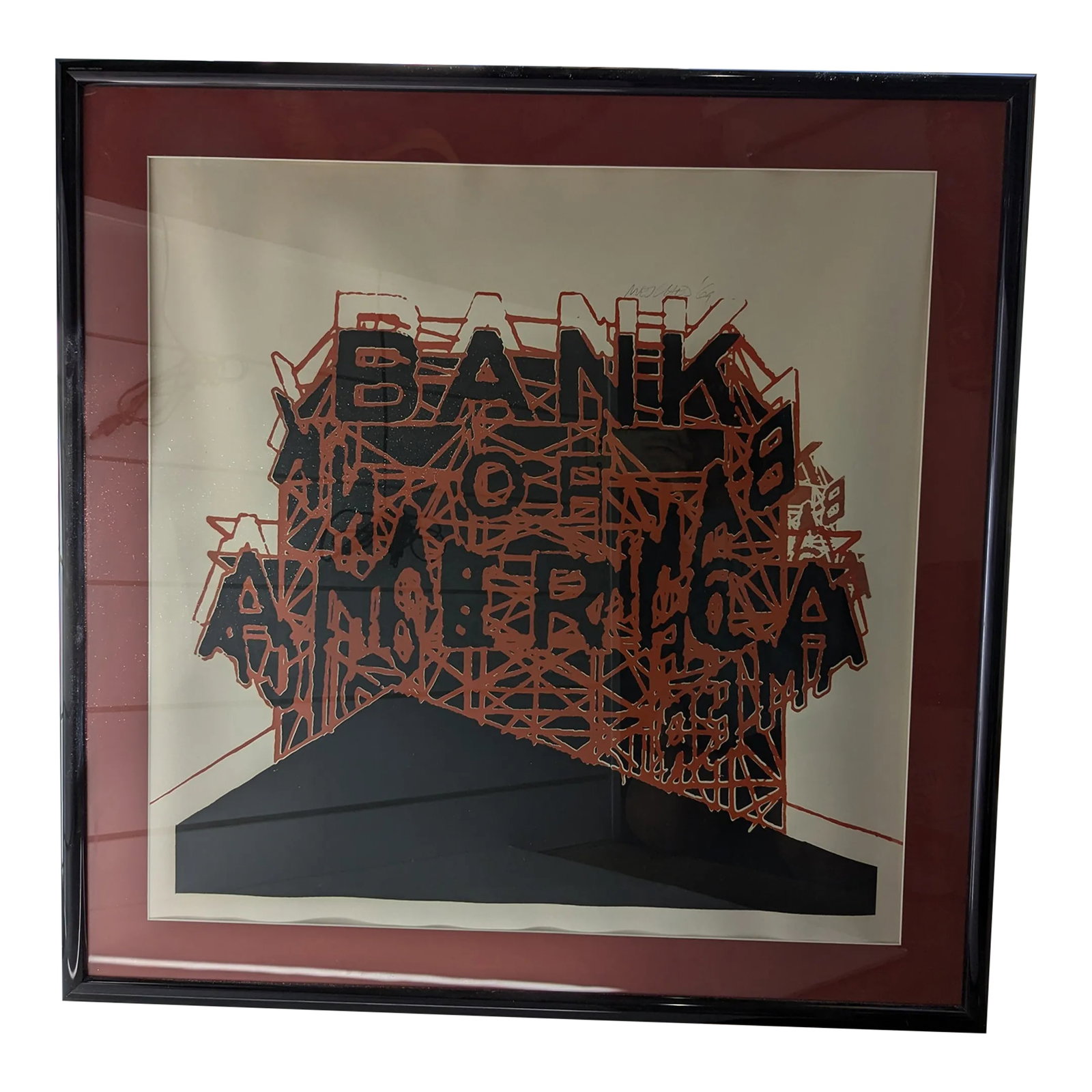 Framed and Signed 1969 Bank of America Color Tinted Lithograph: Framed 1969 Color-Tinted Lithograph – Bank of America Design, Signed Add mid-century flair to your space with this vibrant, framed lithograph from 1969, featuring the iconic Bank of America