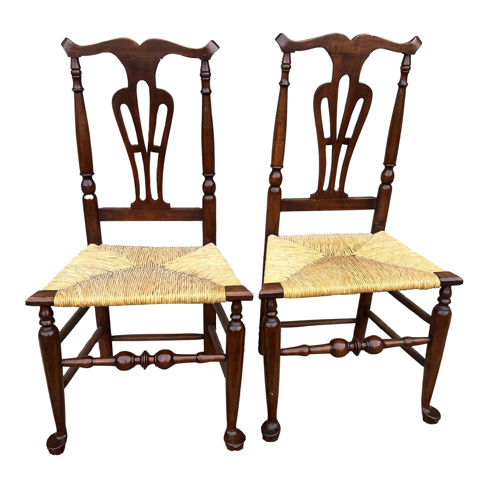 A Pair of Country Queen Anne Rush Seat Side Chairs, Hudson Valley of New York, Circa 1760's (1 of 12)