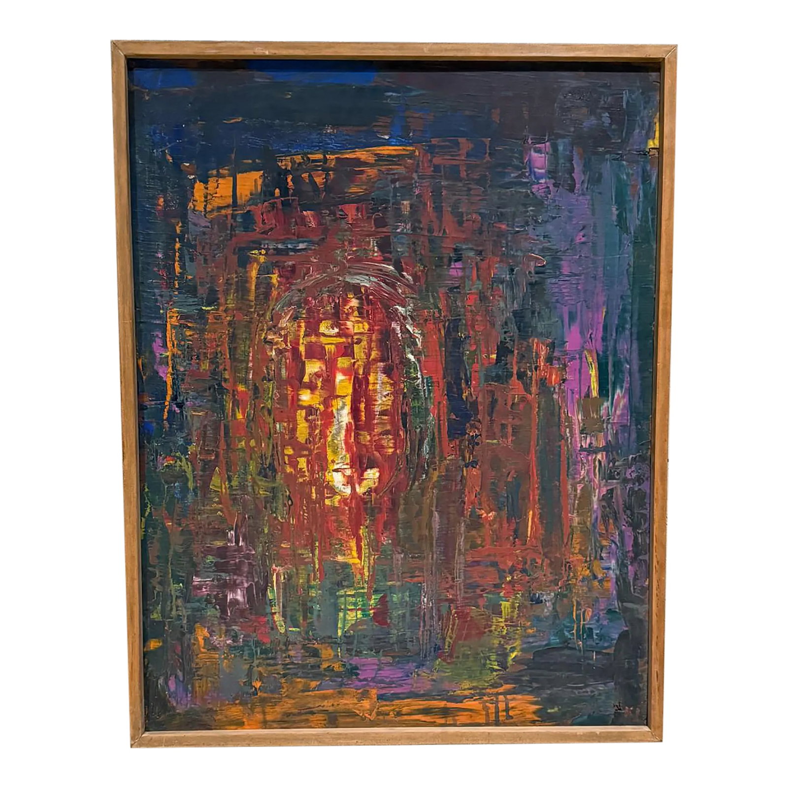 1960s Mexican Modernism Vibrant Oil Painting Abstract Original Art: AMBIANIC presents 1960s Mexico Modernism Vintage Abstract Oil Painting signed initials K A in the lower righthand corner. Oil on plywood 25.25 w x 32.5 x 1 d frame is .5 thick facing front Original