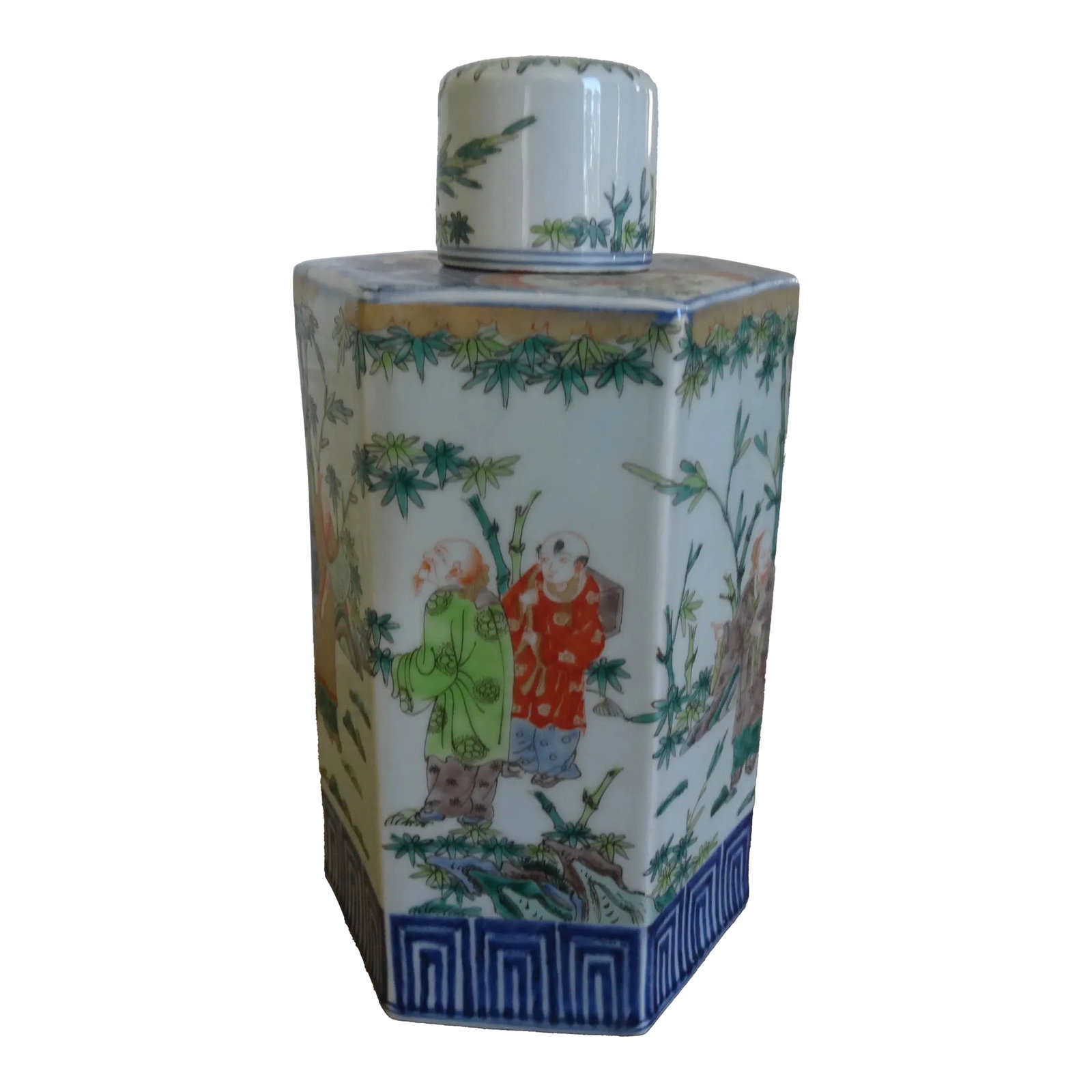 Mid 20th Century Chinese Hexagonal Covered Jar: Beautiful Chinese Hexagonal covered Jar or Tea Caddy. Well Painted with wonderful color and gilt high light with markings on bottom. Condition: Alterations: Original Condition Unaltered