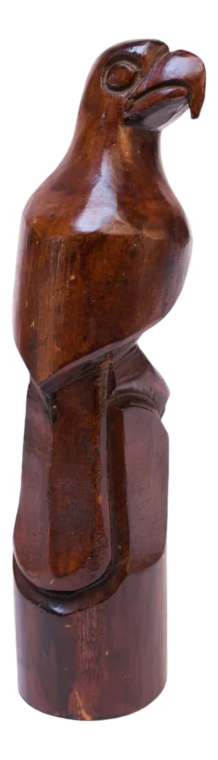 Vintage Folk Art Carved Eagle / Hawk Sculpture: Vintage falcon / hawk sculpture carved from a light-weight, hollowed-out tree trunk remnant. The wood has been richly stained to resemble more of a mahogany, ironwood or cocobolo. However, evidence of