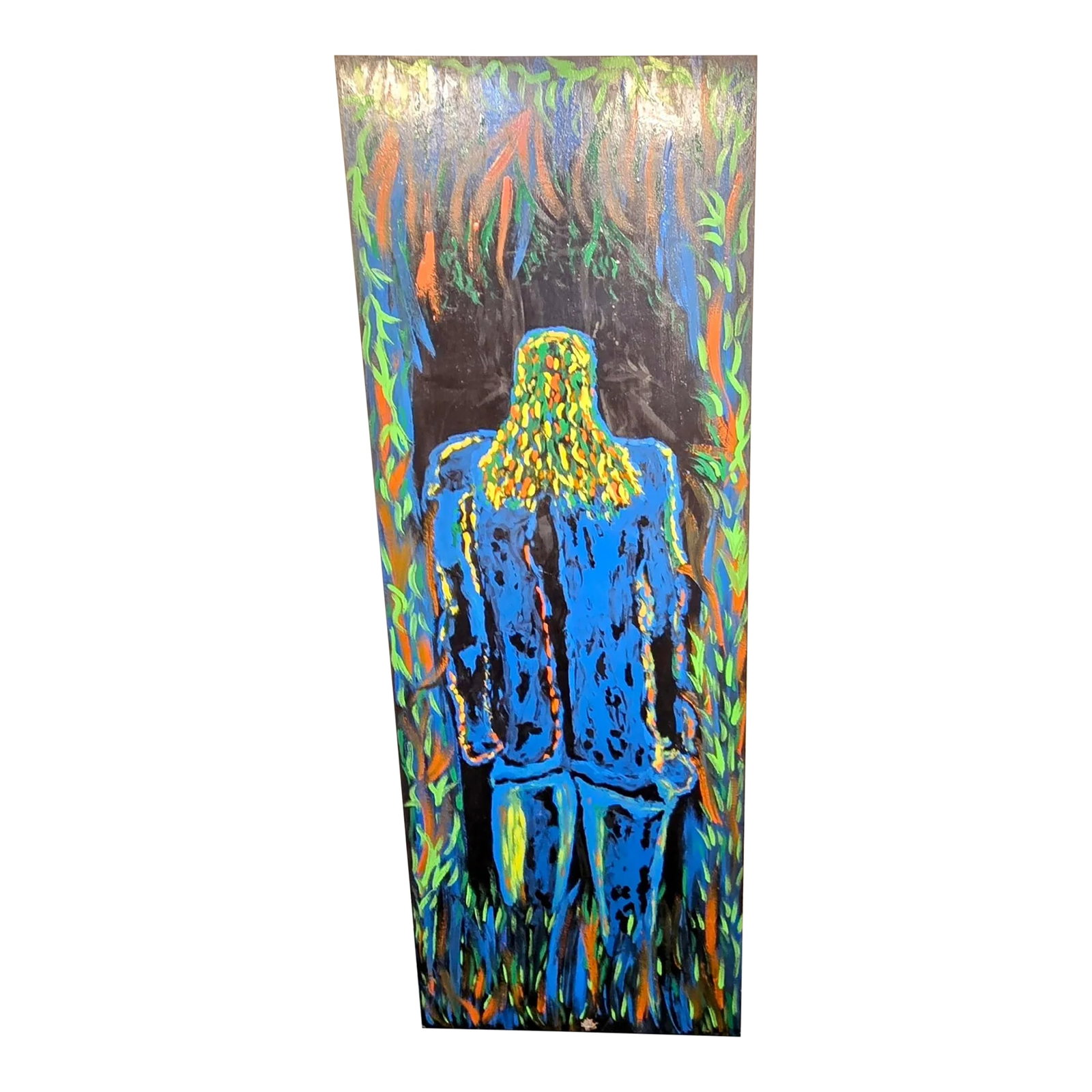 1990s Primitive-Futurism Oil, Enamel and Acrylic on Large Wood Board by Artist John M. Carnright (19: John Carnright (1945-2023) was a unique and multitalented artist. Many of his existing concepts, ideas, writings and visualizations were realized in completed paintings, as well as in his massive and 