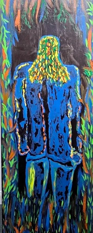 1990s Primitive-Futurism Oil, Enamel and Acrylic on Large Wood Board by Artist John M. Carnright (19 - 2