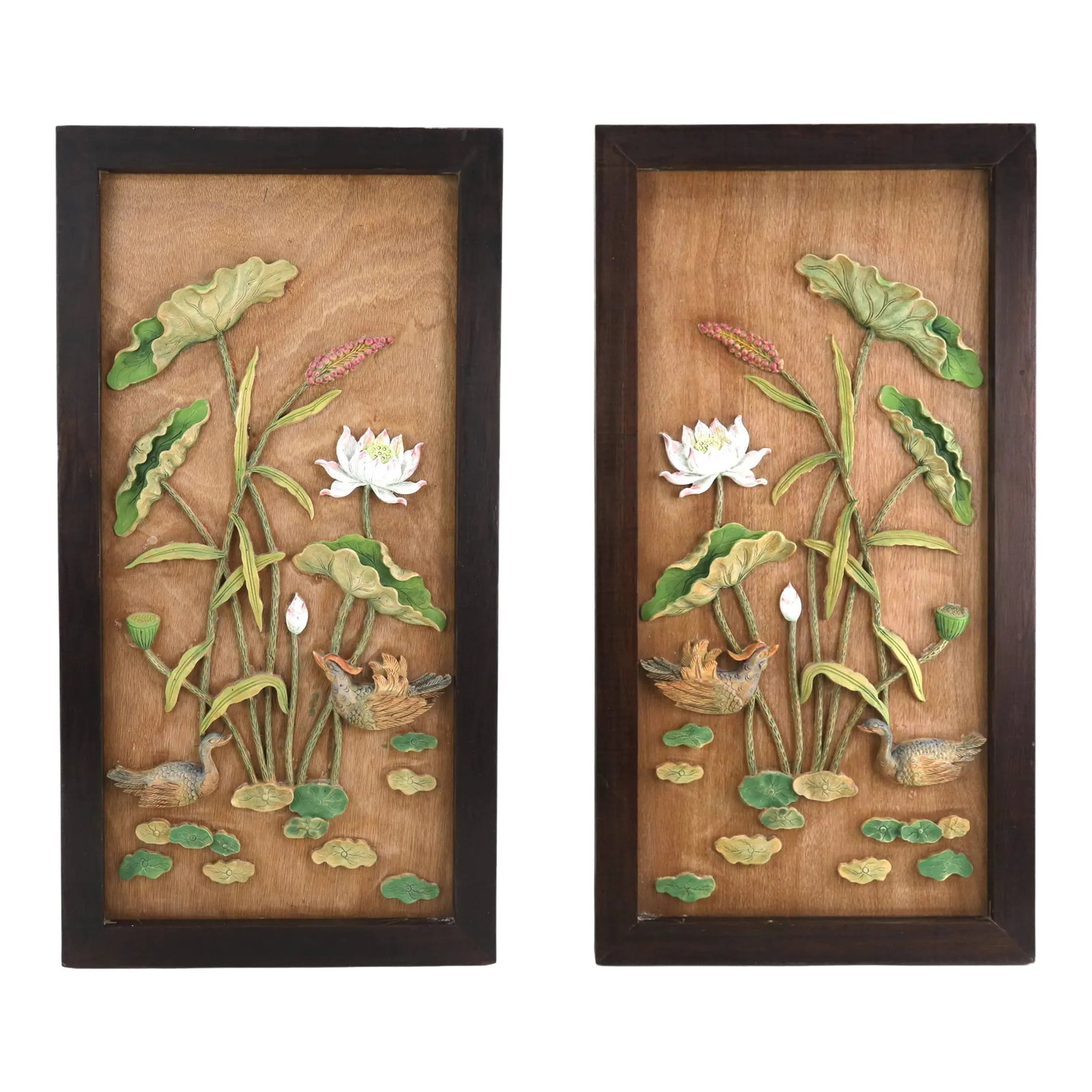 Pair of Rosewood Frames With Bogu Pattern Wall Screens: Pair of Rosewood Frames with Bogu Pattern Wall Screens This is a beautiful rosewood frame with a natural scene of a lotus pond in the center using three-dimensional wood carving. The carvings include