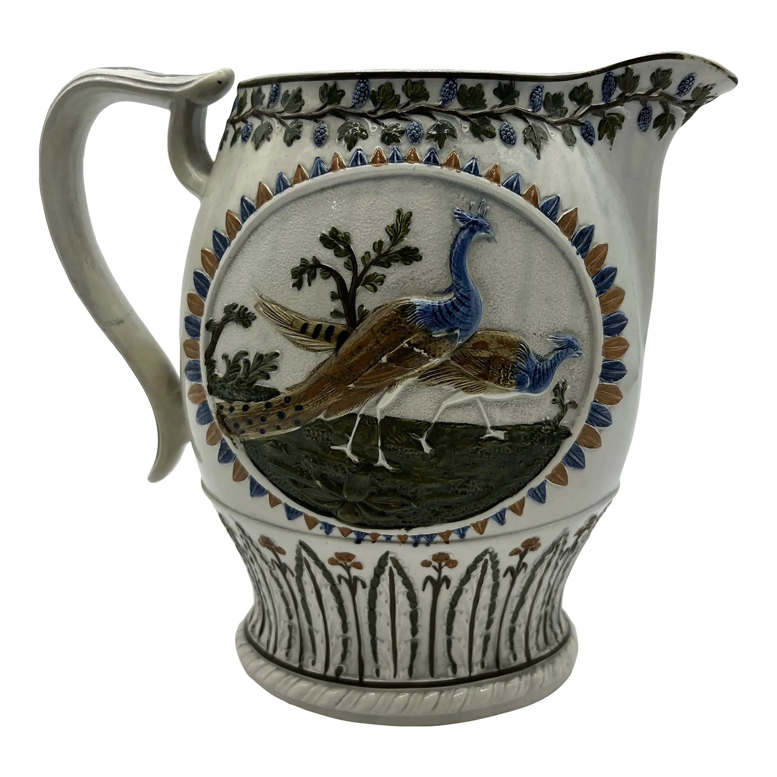 Antique Prattware Polychrome Decorated Pearlware Pitcher With Peafowl, Circa 1820's (1 of 12)