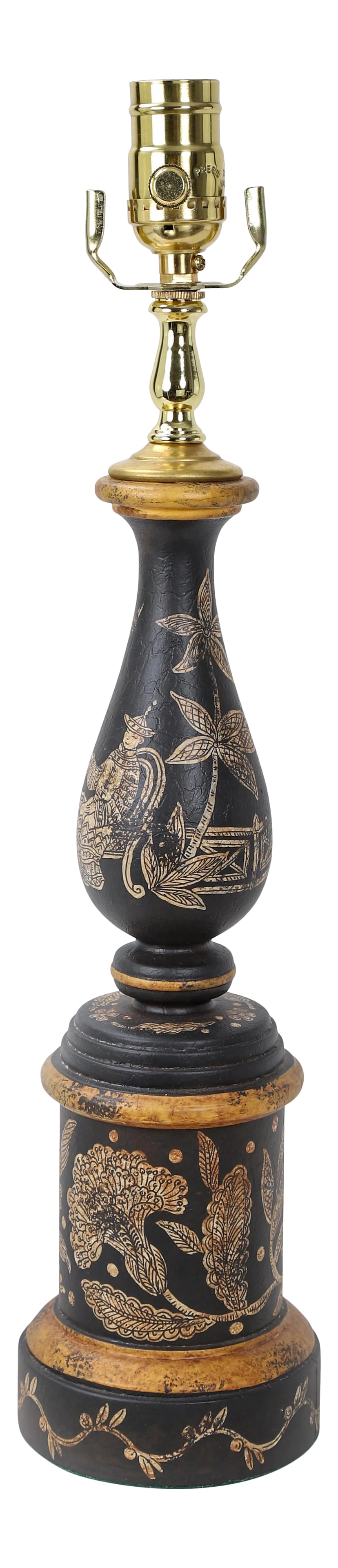 Vintage Black and Gold Chinoiserie Hand Painted Lamp: This vintage lamp is painted black with variations of gold color accents for borders and depictions of peacock feathered foliage and a leisurely noble which is Chinoiserie White pen work. Condition: