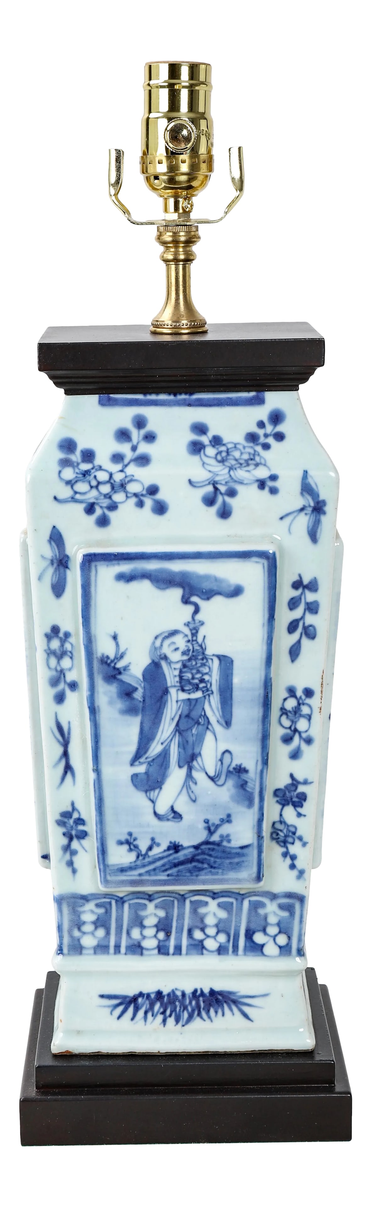 Vintage Qing Dynasty Blue and White Porcelain Square Vase Lamp: Vintage Chinese Qing Dynasty Blue/White lamp made of a porcelain square vase depicting a fellow holding a smoking object, along with foliage and a landscape on the other sides, with cobalt blue.