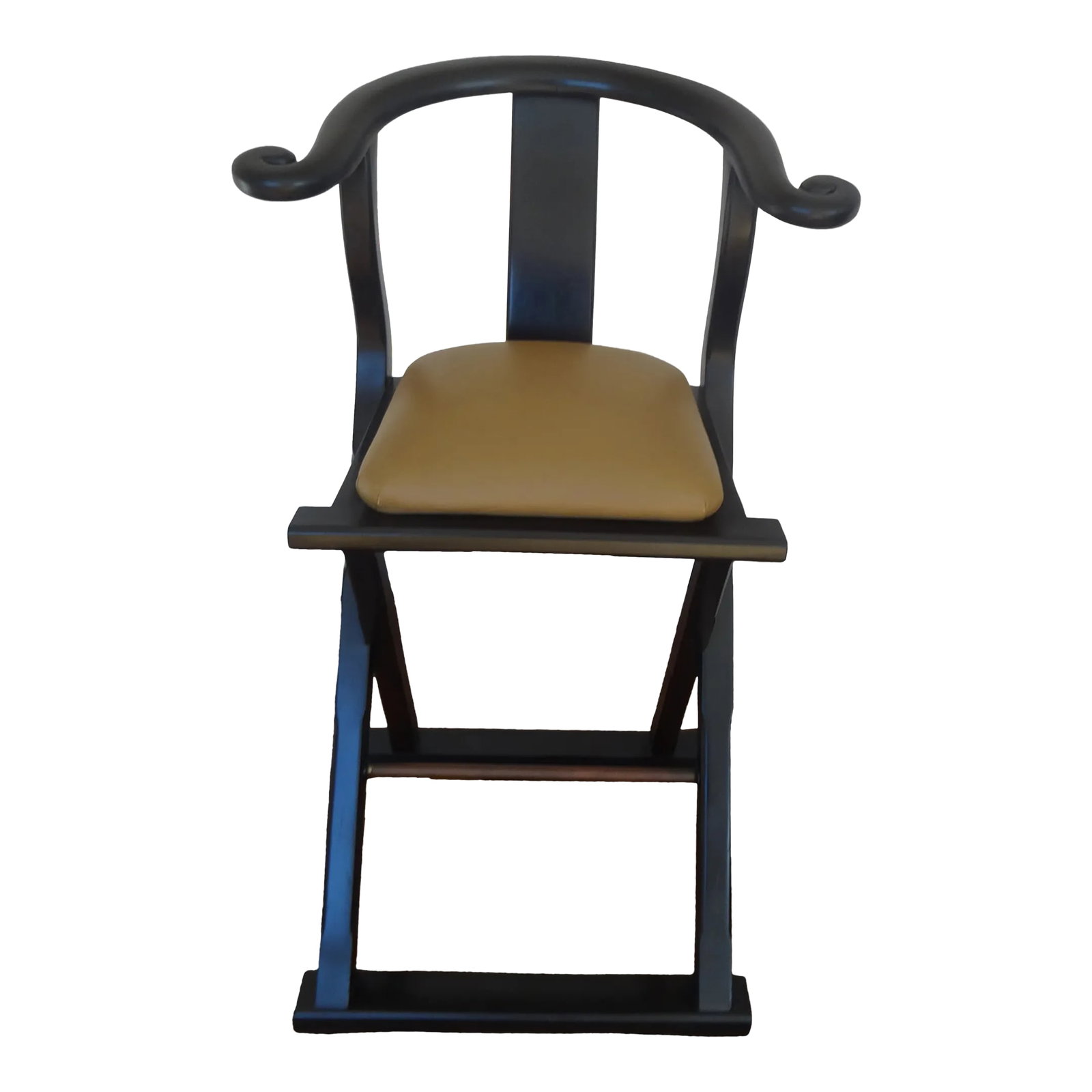 Vintage Asian Inspired Counter or Bar Stool: A Fabulous Ebonized counter or bar stool with tan leather upholstery. Condition: Alterations: Original Condition Unaltered Imperfections: Some Imperfections Condition Notes: Overall Good Vintage