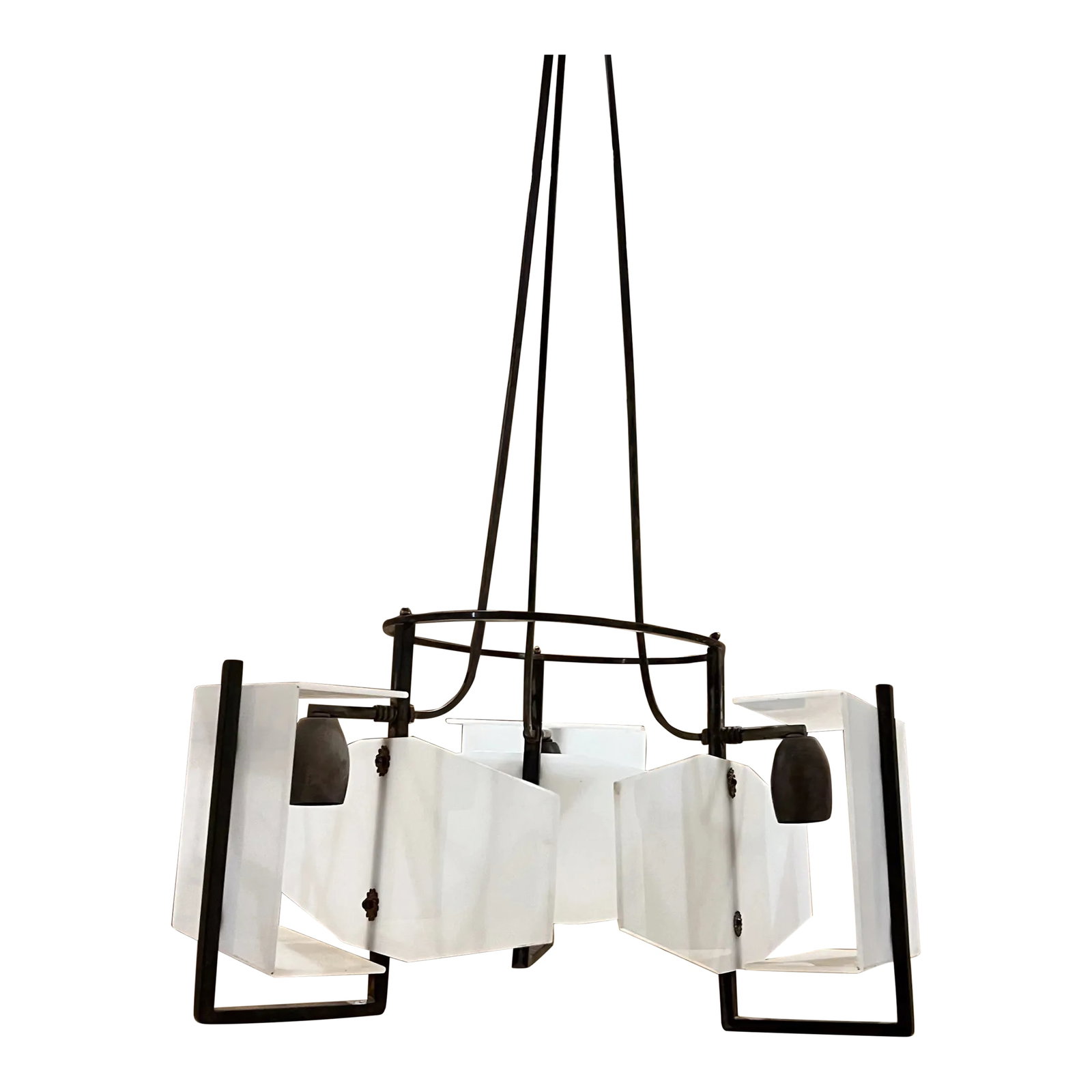 1950s Italian 3 Light Chandelier Patinated Brass Geometric Plexiglass: For your consideration, an Italian three (3) light chandelier with patinated brass & white plexiglass. Sculptural geometric shape. Chandelier is unmarked, in the style of Arredoluce . Brass is unresto