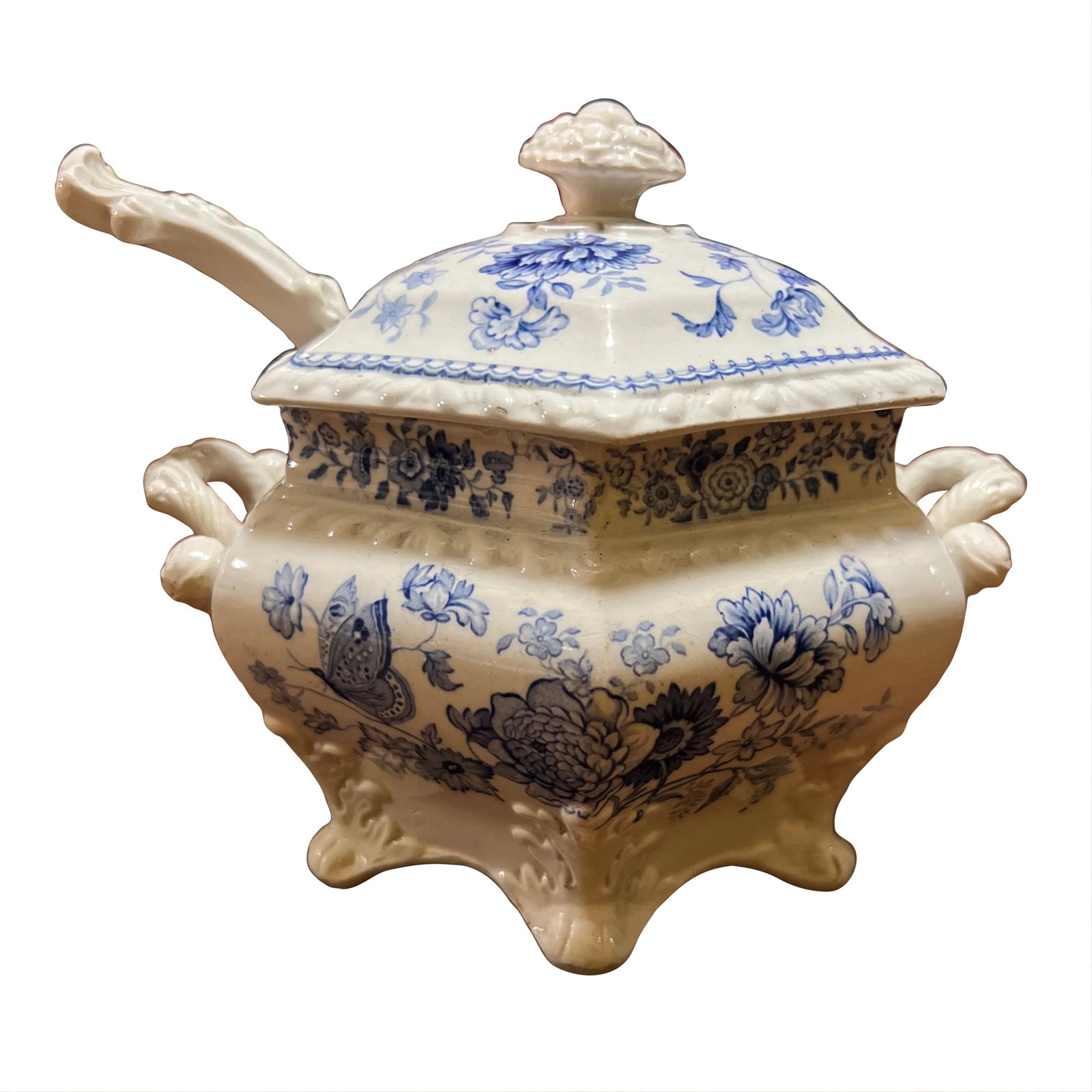 Antique English Staffordshire Blue Transfer Decorated Sauce Tureen "Windsor Festoon": Antique English Staffordshire Blue Transfer Decorated Sauce Tureen "Windsor Festoon" Made by the John and William Ridgeway, Manufacturers of earthenware and china at Cauldon Place and at the Bell