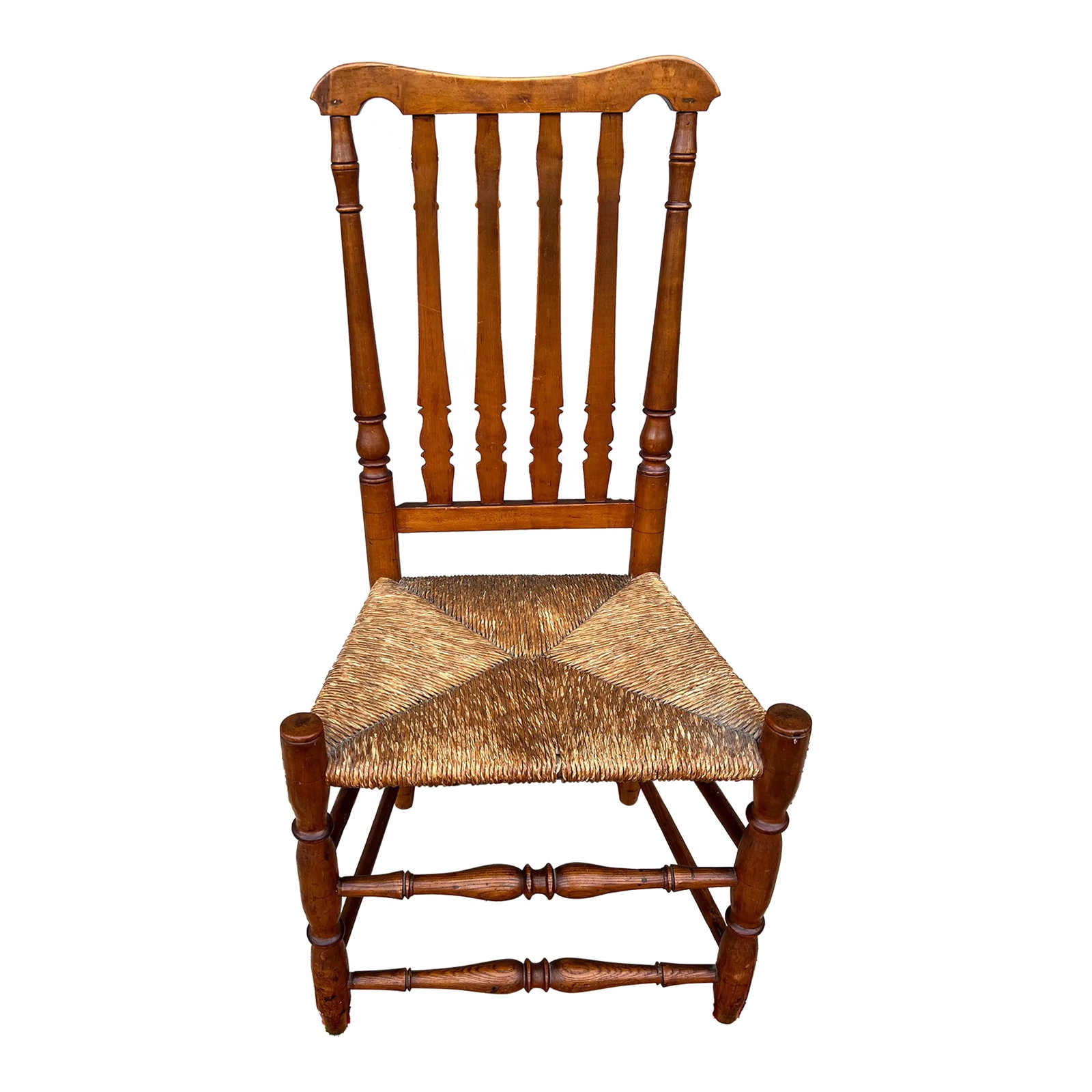 A Antique Country Bannister Back Side Chair, New England, Circa 1750's: A Antique Country Bannister Back Sidechair, New England, Circa 1750's Connecticut or Rhode Island circa 1750's Nicely shaped crest rail, and cut turned "banisters" on the seat back. Wrapped paper wove