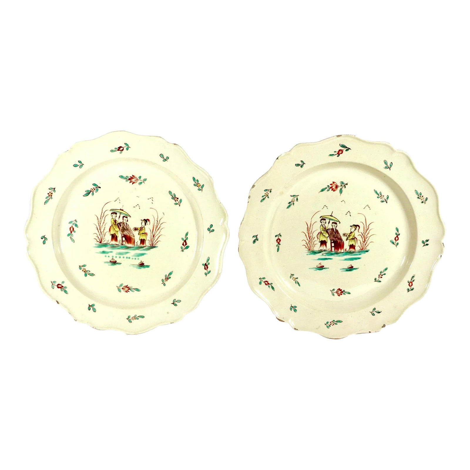 English Creamware Large Shaped Chinoiserie Dishes: Parasols and Porcelain: Pair of English Creamware Chinoiserie Dishes, Circa 1775–85. An attractive and generously scaled pair of English Creamware dishes, dating from the late 18th century