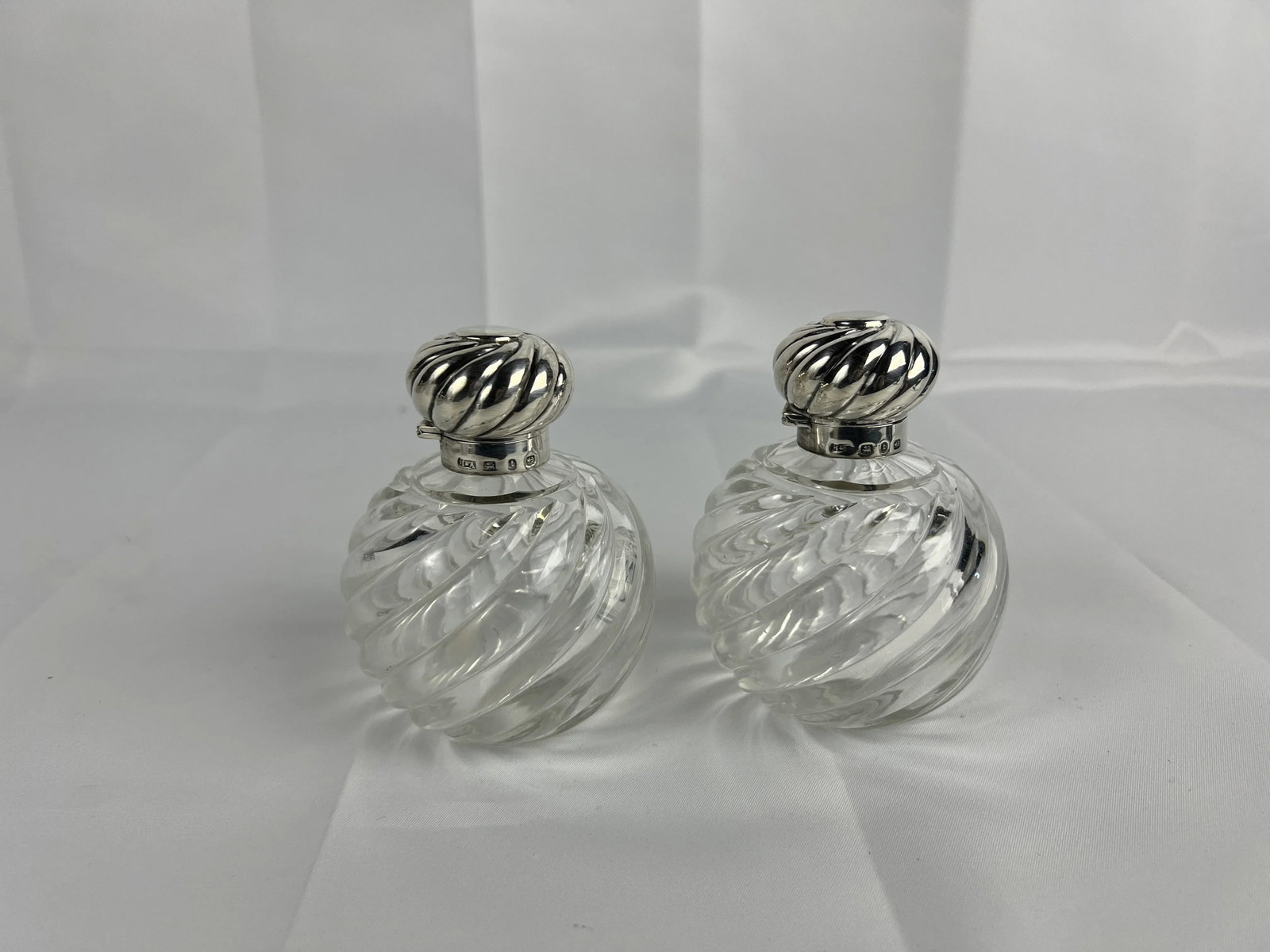 Pair, Horton & Allday Sterling Silver & Swirled Glass Perfume Bottles C. 1893 - 4