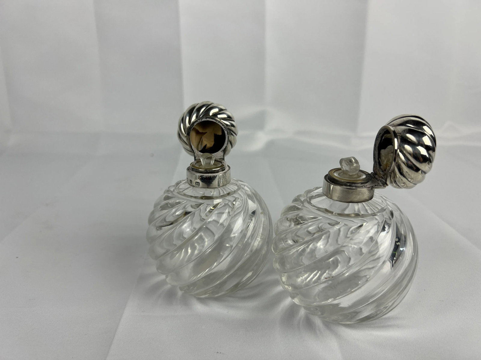 Pair, Horton & Allday Sterling Silver & Swirled Glass Perfume Bottles C. 1893 - 5
