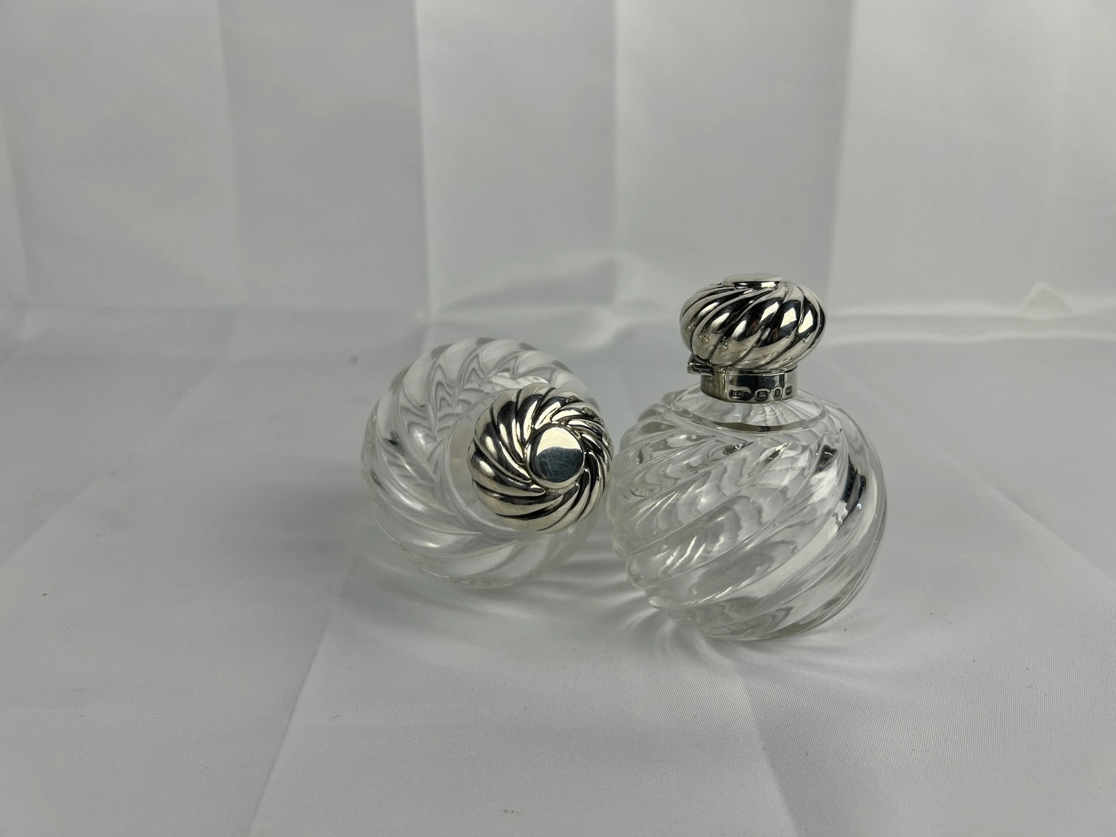 Pair, Horton & Allday Sterling Silver & Swirled Glass Perfume Bottles C. 1893 - 6