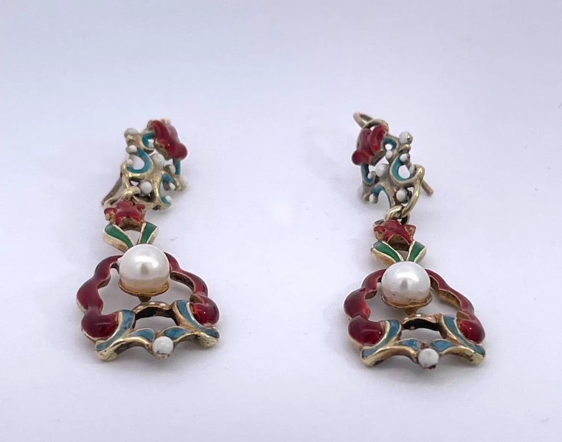 1930s Antique Enamel and Pearl Dangle Earrings, A Pair - 10