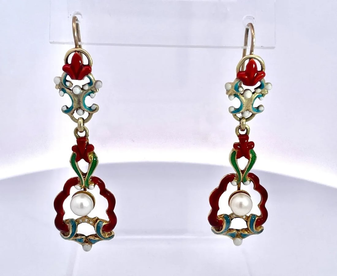 1930s Antique Enamel and Pearl Dangle Earrings, A Pair - 12