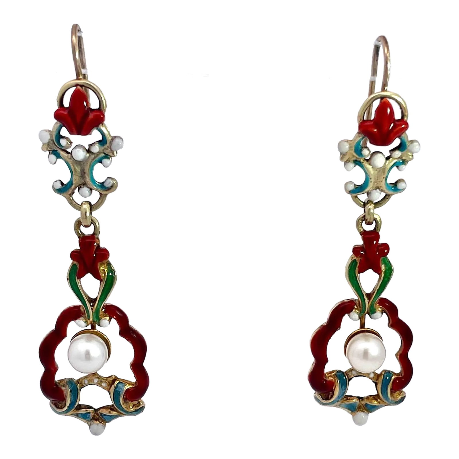 1930s Antique Enamel and Pearl Dangle Earrings, A Pair: Antique Enamel and Pearl Dangle Earrings These Antique Enamel and Pearl earrings are from the 1930's and are pretty special. First off there is little to no enamel loss for this time period that is
