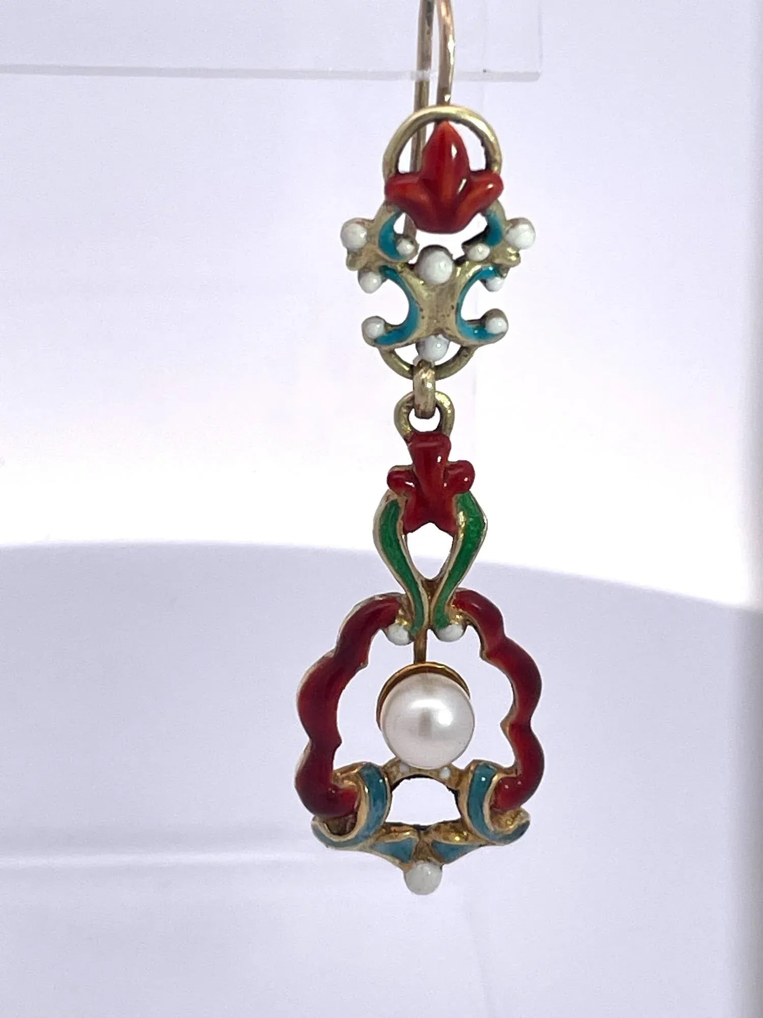1930s Antique Enamel and Pearl Dangle Earrings, A Pair - 2