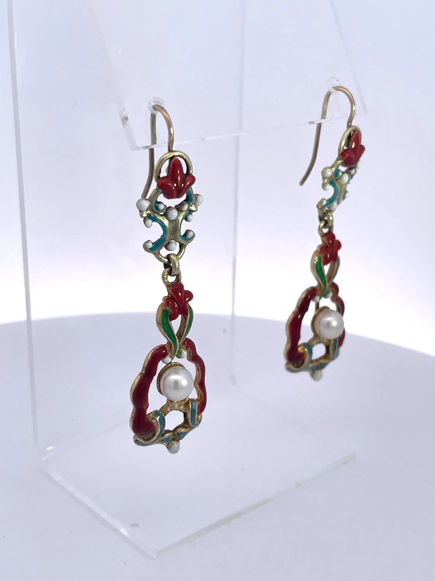 1930s Antique Enamel and Pearl Dangle Earrings, A Pair - 3
