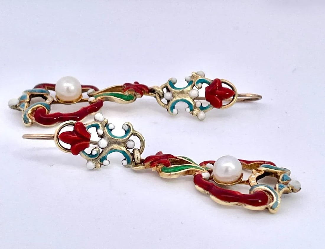1930s Antique Enamel and Pearl Dangle Earrings, A Pair - 4