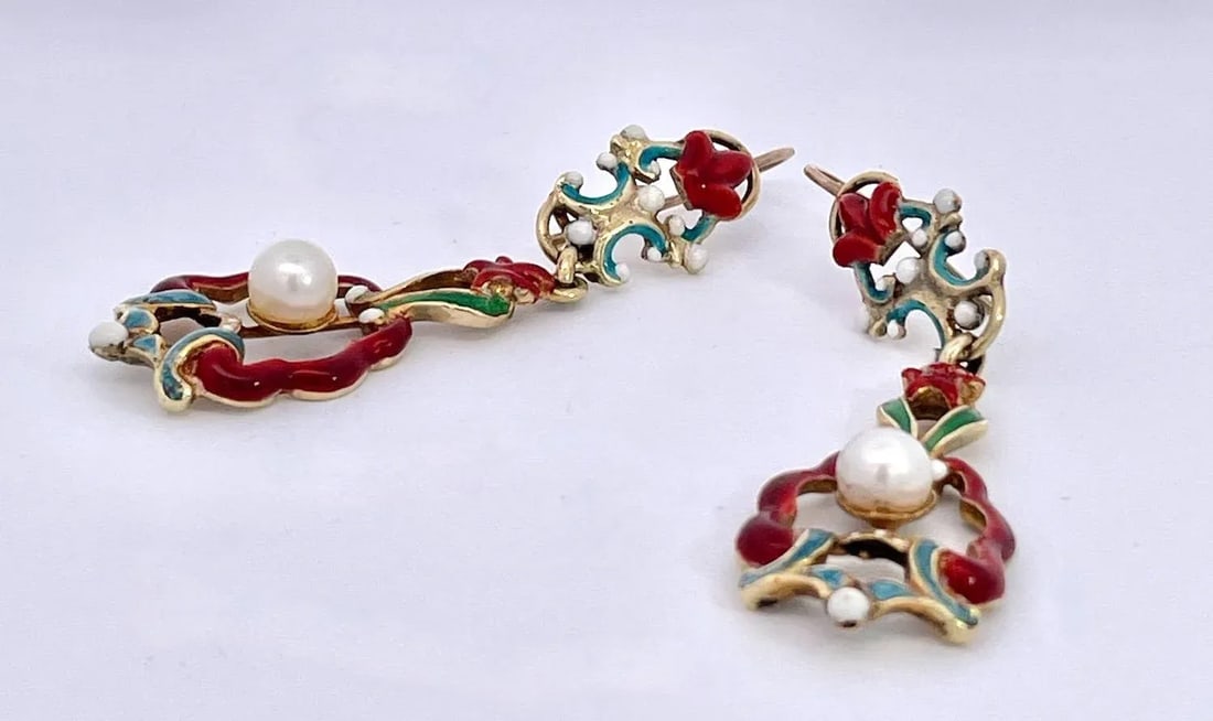 1930s Antique Enamel and Pearl Dangle Earrings, A Pair - 5