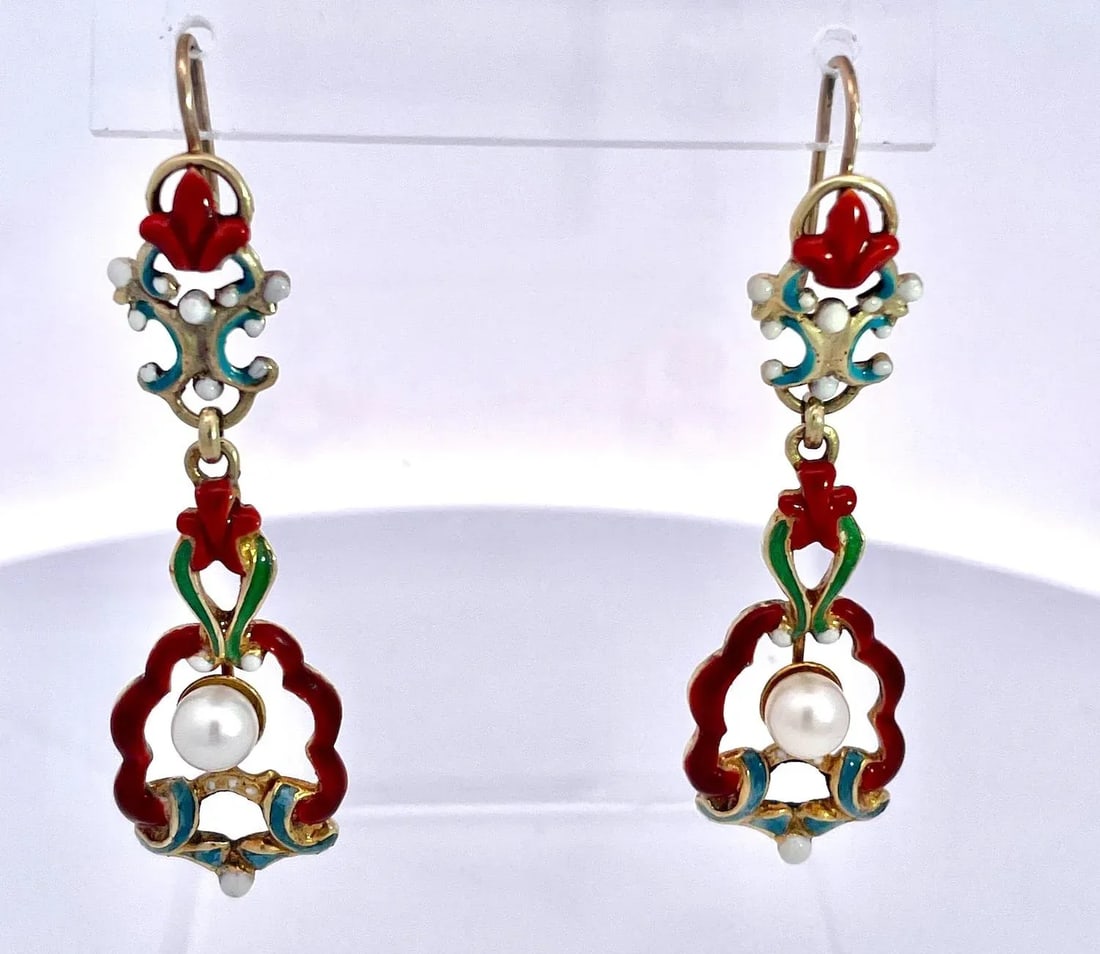 1930s Antique Enamel and Pearl Dangle Earrings, A Pair - 6