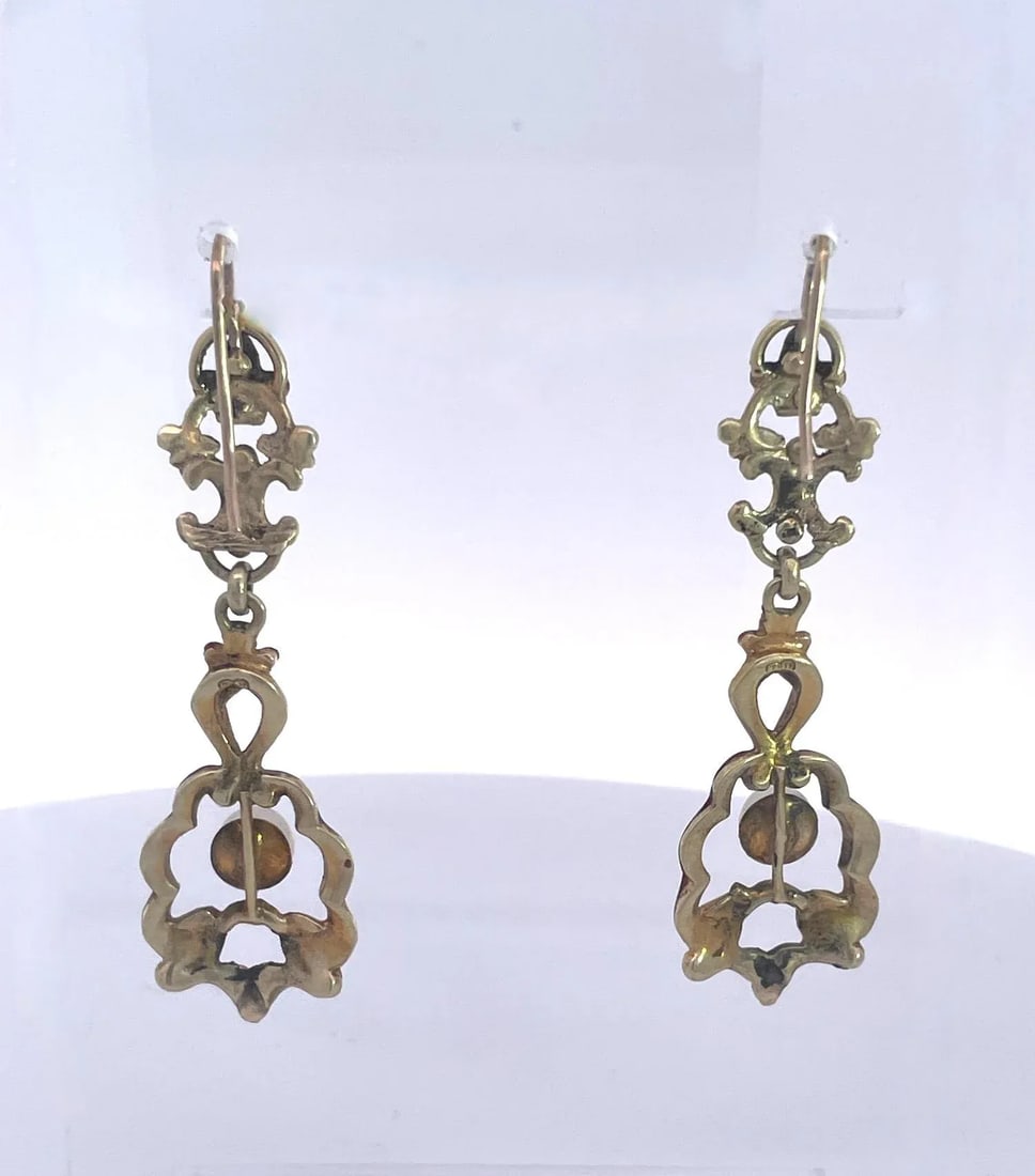 1930s Antique Enamel and Pearl Dangle Earrings, A Pair - 7