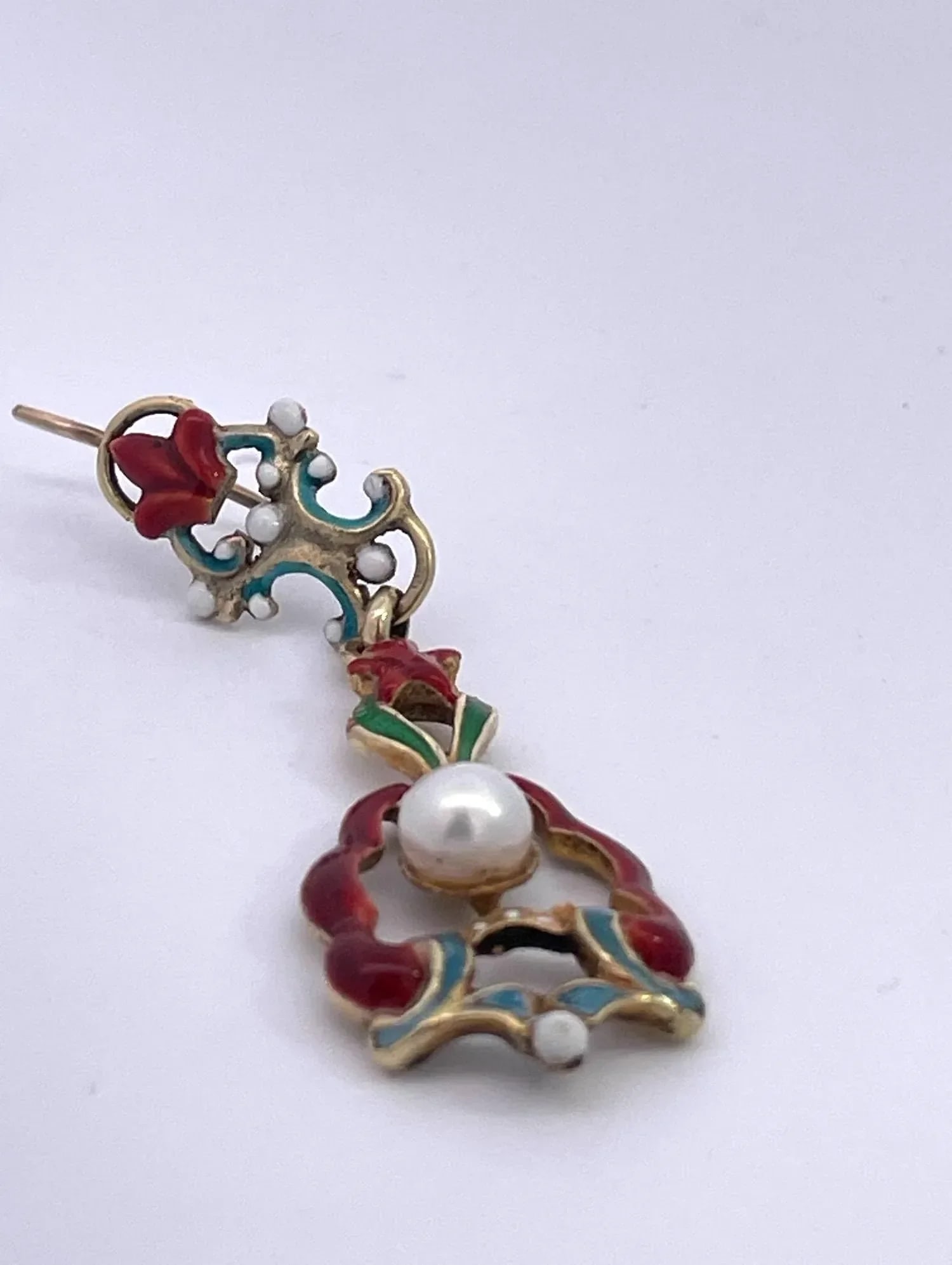 1930s Antique Enamel and Pearl Dangle Earrings, A Pair - 8