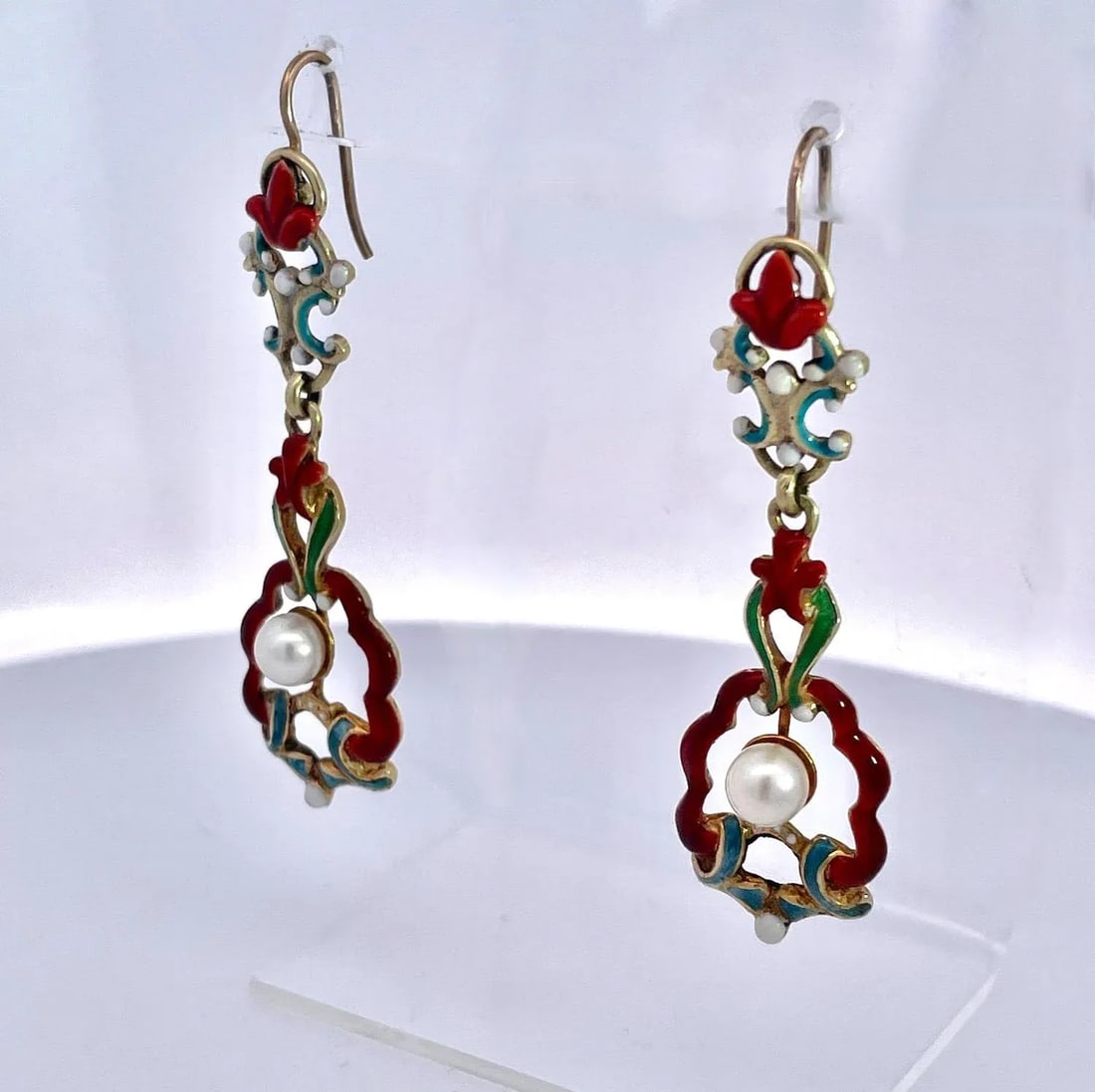 1930s Antique Enamel and Pearl Dangle Earrings, A Pair - 9