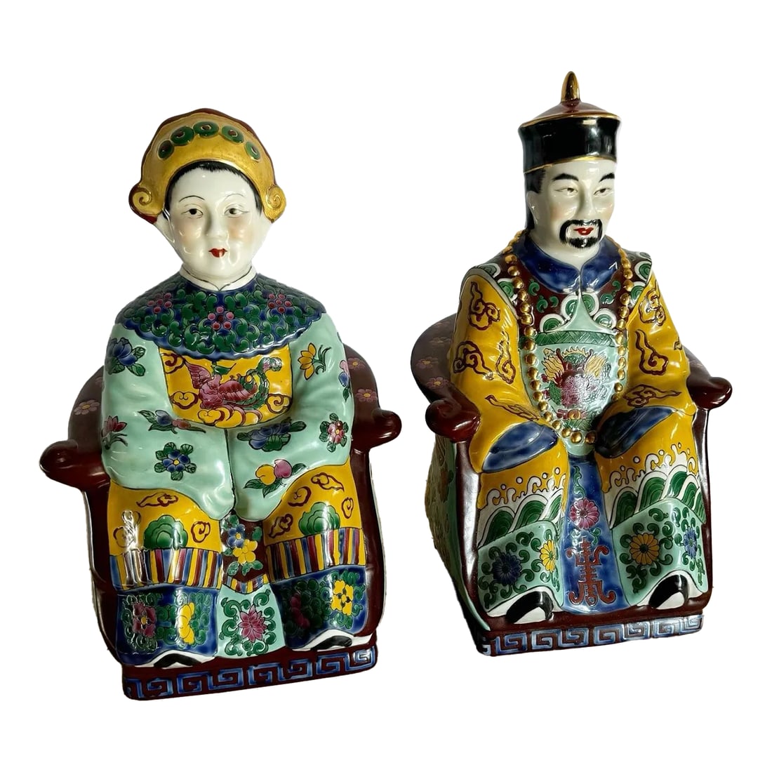 Chinese Hand Painted Porcelain Emperor and Empress Sculptures - 2 Pieces: This exquisite pair of hand-painted porcelain sculptures showcases an Emperor and Empress adorned in vibrant traditional attire. Each figure is richly detailed with intricate patterns, floral motifs,