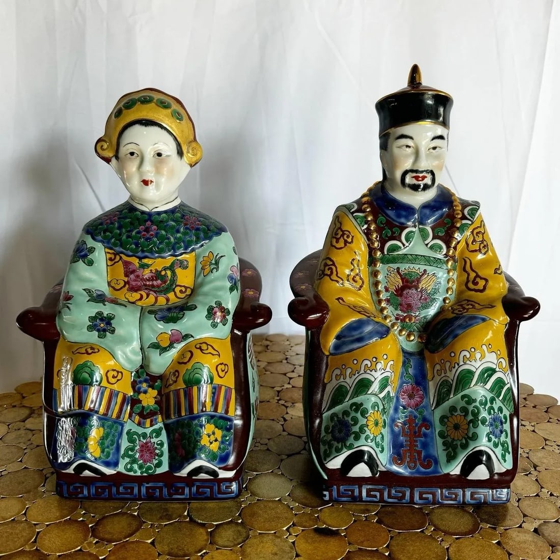 Chinese Hand Painted Porcelain Emperor and Empress Sculptures - 2 Pieces - 2