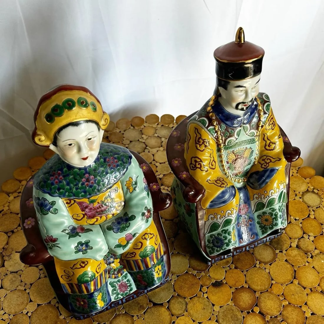 Chinese Hand Painted Porcelain Emperor and Empress Sculptures - 2 Pieces - 3