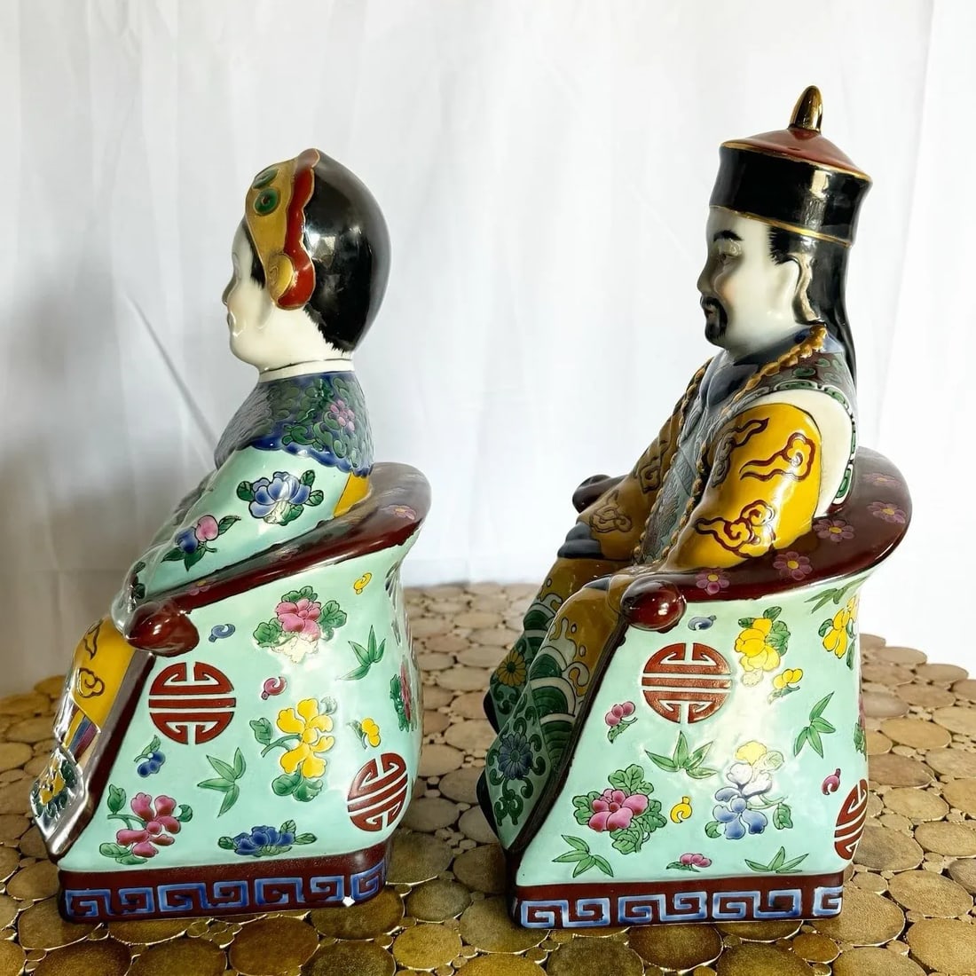 Chinese Hand Painted Porcelain Emperor and Empress Sculptures - 2 Pieces - 6