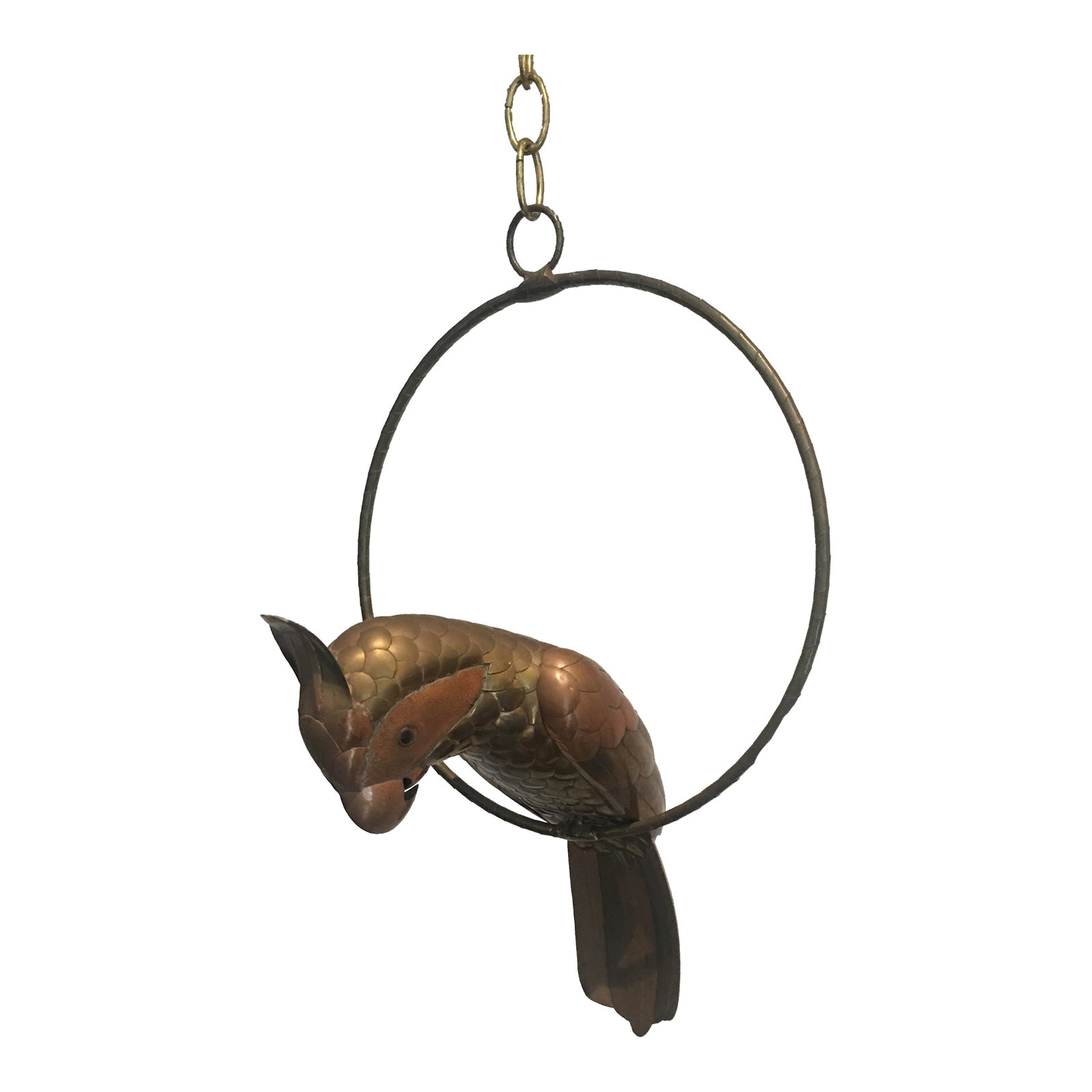 Sergio Bustamante Attributed Parrot Bird Sculpture on Perch Brass & Copper: This Mixed Metal Parrot Sculpture attributed to Sergio Bustamante is an iconic and playful piece. Boho Chic Mid-Century Modern. Created from brass and copper, crafted in Mexico during the 1970s. A