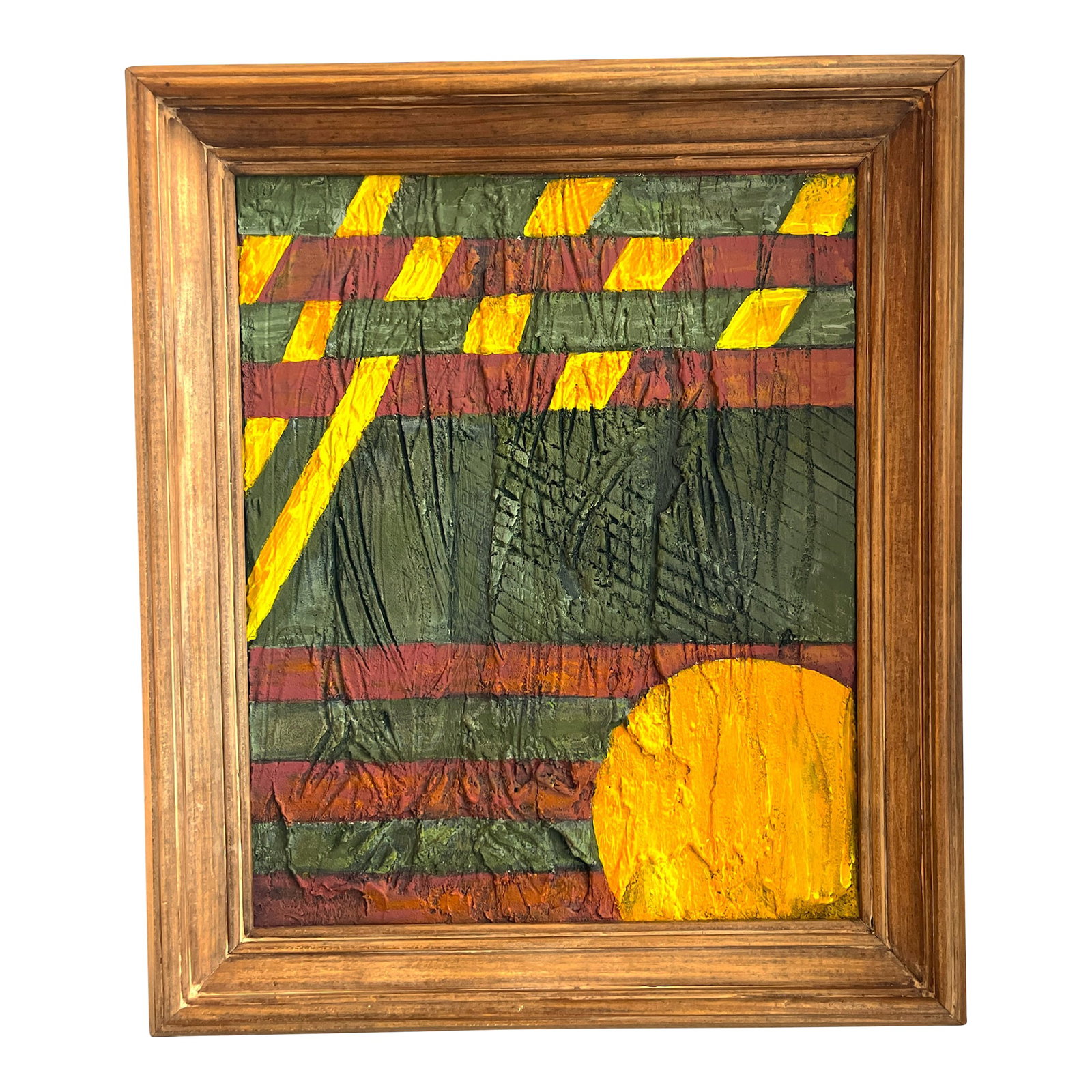 Geometric Organic Abstract Plaster on Canvas Checkerboard Sunray Painting Framed: Abstract geometric plaster over board painting featuring a highly textured surface with a primarily green, yellow and red composition. The dominant design elements are angular and geometric patterns,