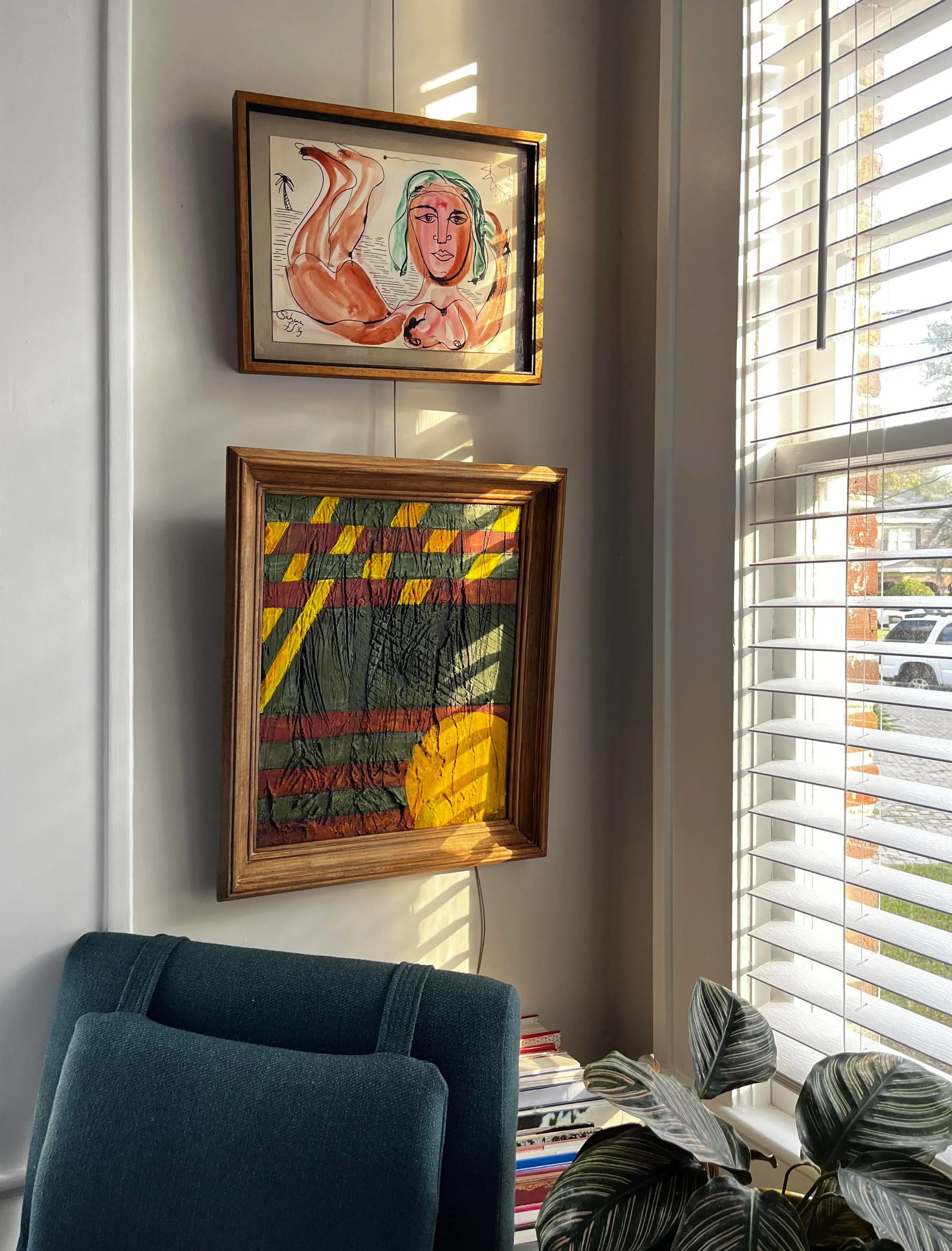 Geometric Organic Abstract Plaster on Canvas Checkerboard Sunray Painting Framed - 2