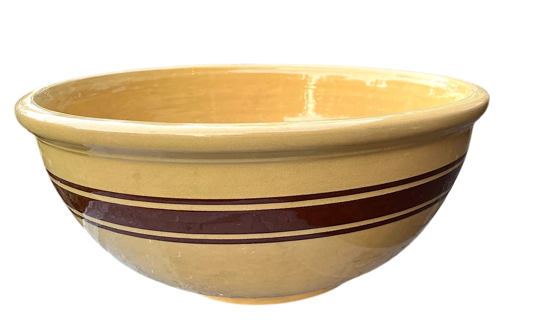 Largest Antique Weller Pottery #16 Yellow Ware Striped Farmhouse Bowl - 2
