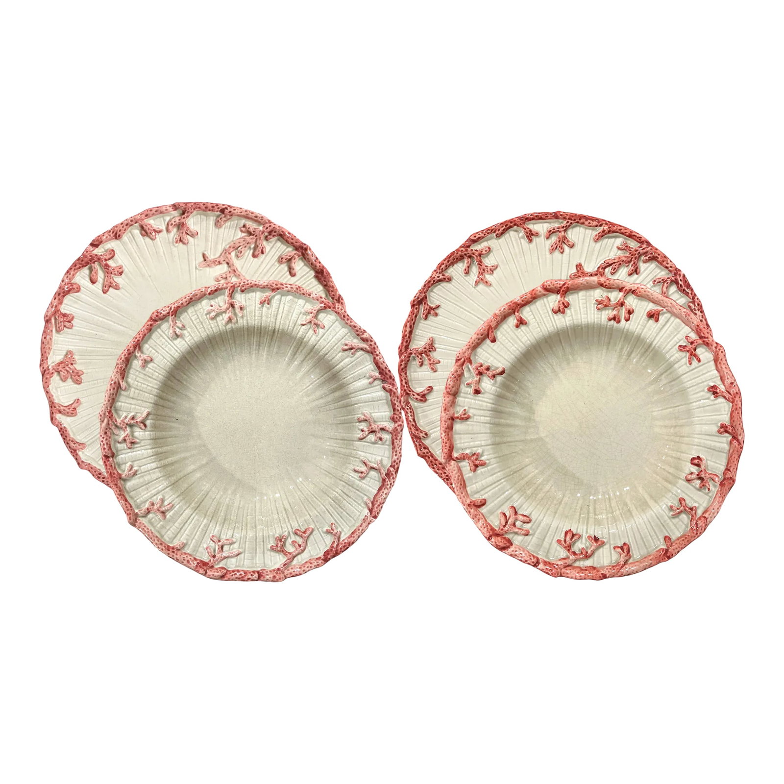 1970s Fitz & Floyd Oceana Nautilus Dinner Plates and Soup Salad Bowls - Set of 4: Fitz and Floyd Oceana dinner plates and soup or salad bowls. Four pieces in total; two dinner plates that are 11.5" in diameter and two bowls that are 9.75 inches wide and 2 inches tall. Pink coral ov