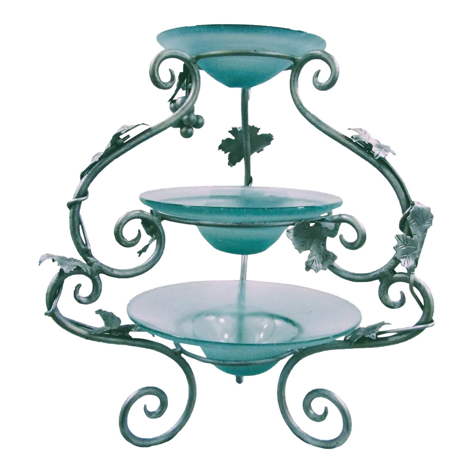 1990s Murano Style Art Collection Bordeaux Blue Glass 3 Tier Server Grapes and Grapevine: Murano style Art Collection Bordeaux Blue Glass 3 Tier Server Grapes and Grapevine Three hand crafted Murano style blue specked art glass bowls on a gray hand crafted iron grapevine design stand.