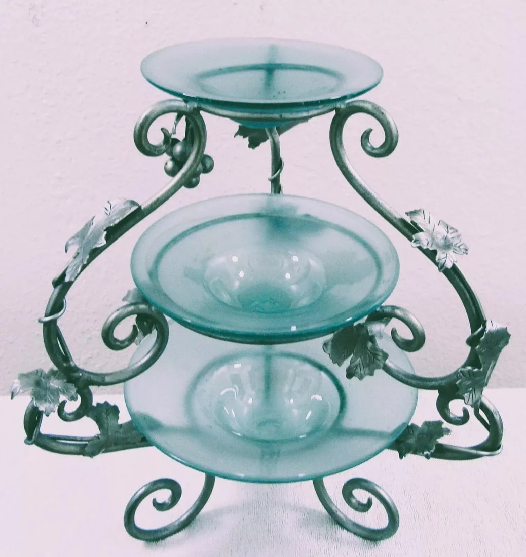 1990s Murano Style Art Collection Bordeaux Blue Glass 3 Tier Server Grapes and Grapevine - 2