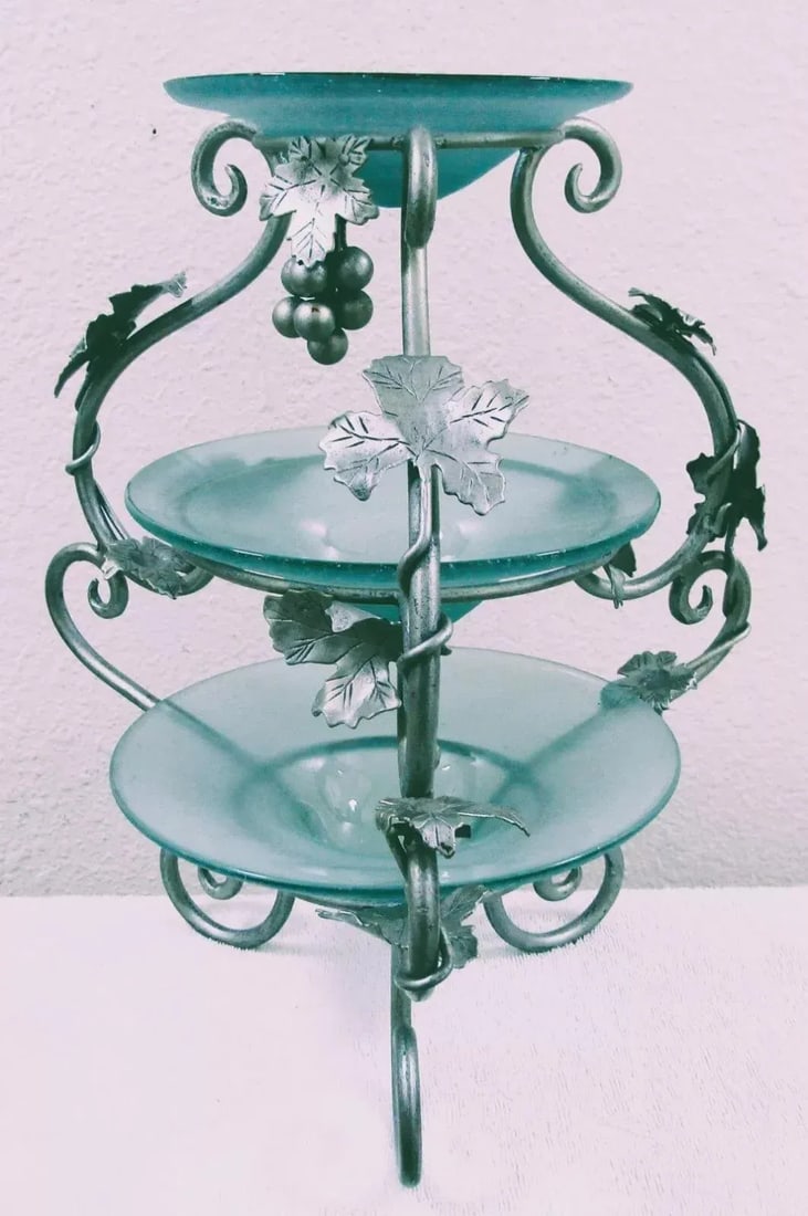 1990s Murano Style Art Collection Bordeaux Blue Glass 3 Tier Server Grapes and Grapevine - 3