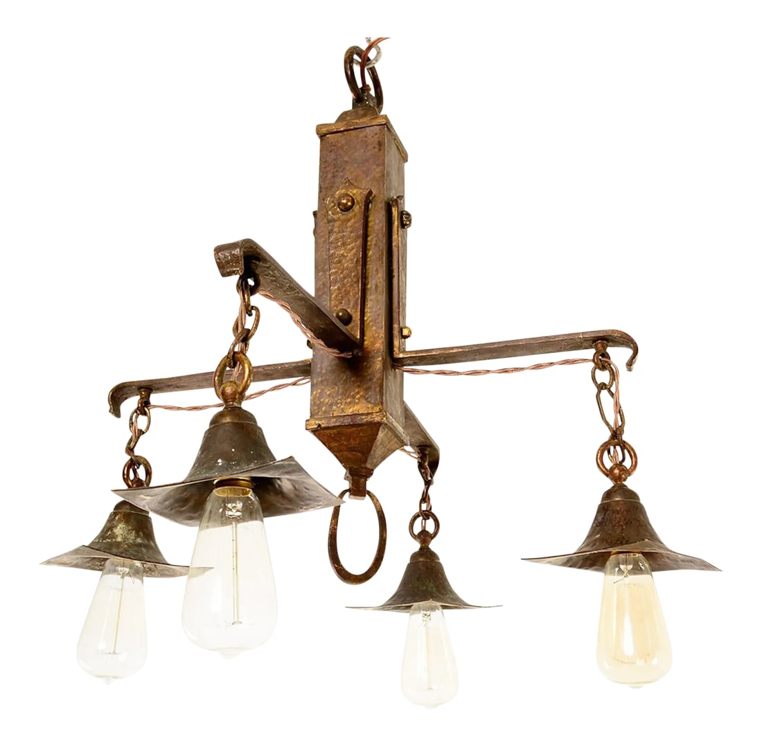 1930s Mission Chandelier Hammered Solid Brass Mexico - 2