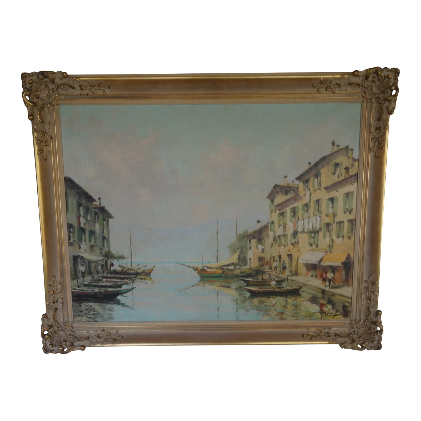 Early 20th Century Italian Canal Scene: In a fabulous custom frame this 20th century Italian Canal Scene has good character and a reminder of the Canals of Venice. Has an illegible signature in lower right. Condition: Alterations: Original 